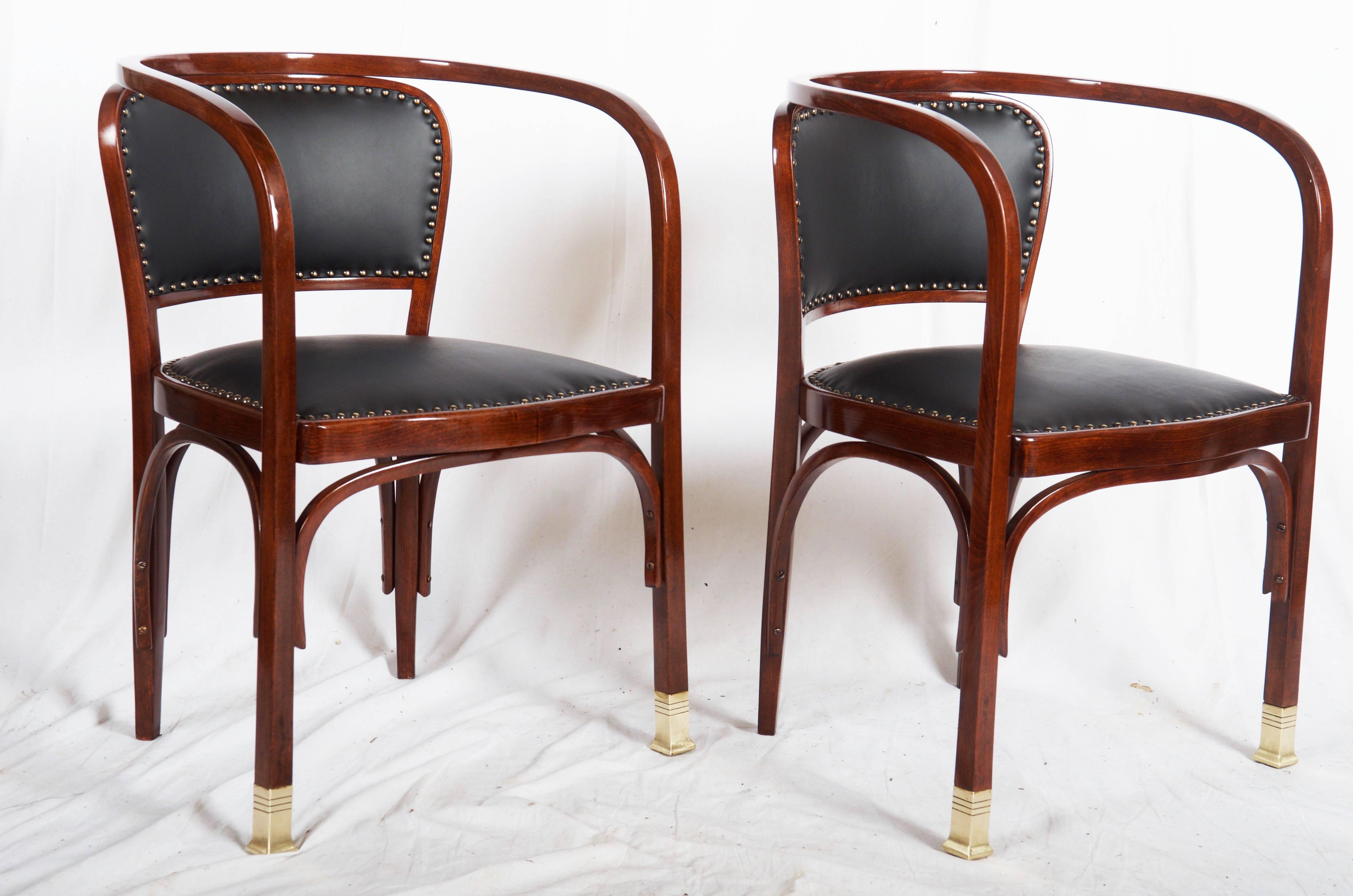 Armchairs by Gustav Siegel for Kohn (model no. 715).
Beech, bentwood, brown stained. 
J. & J. Kohn /Teschen-Austria (punch mark)
six pieces, available still not restored which means the wood can be stained in every color on request also the seat and