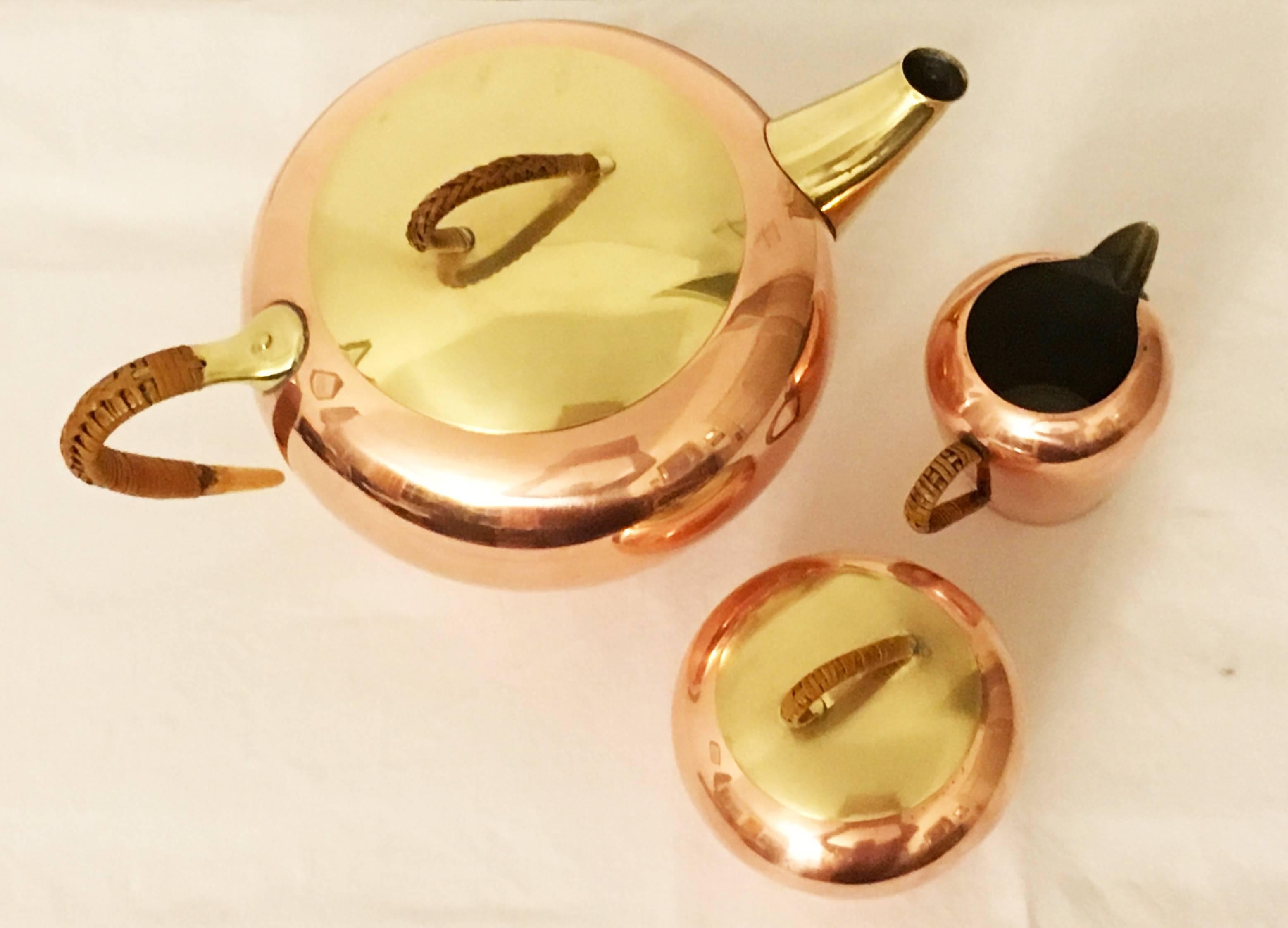 Mid-Century Modern Brass and Copper Three-Piece Tea Set from the 1950s For Sale