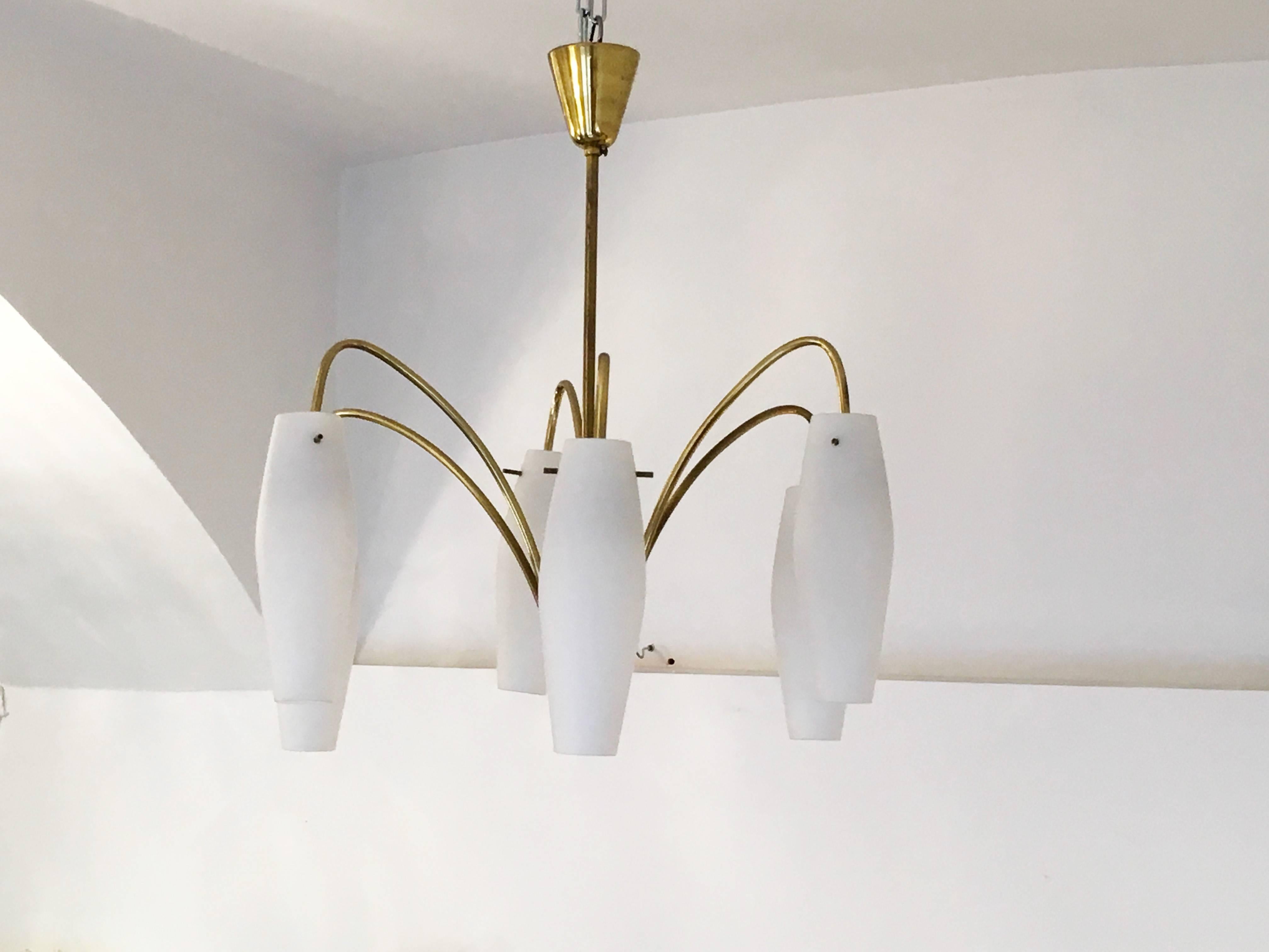 Mid-20th Century Mid-Century Brass Chandelier in Stilnovo Style