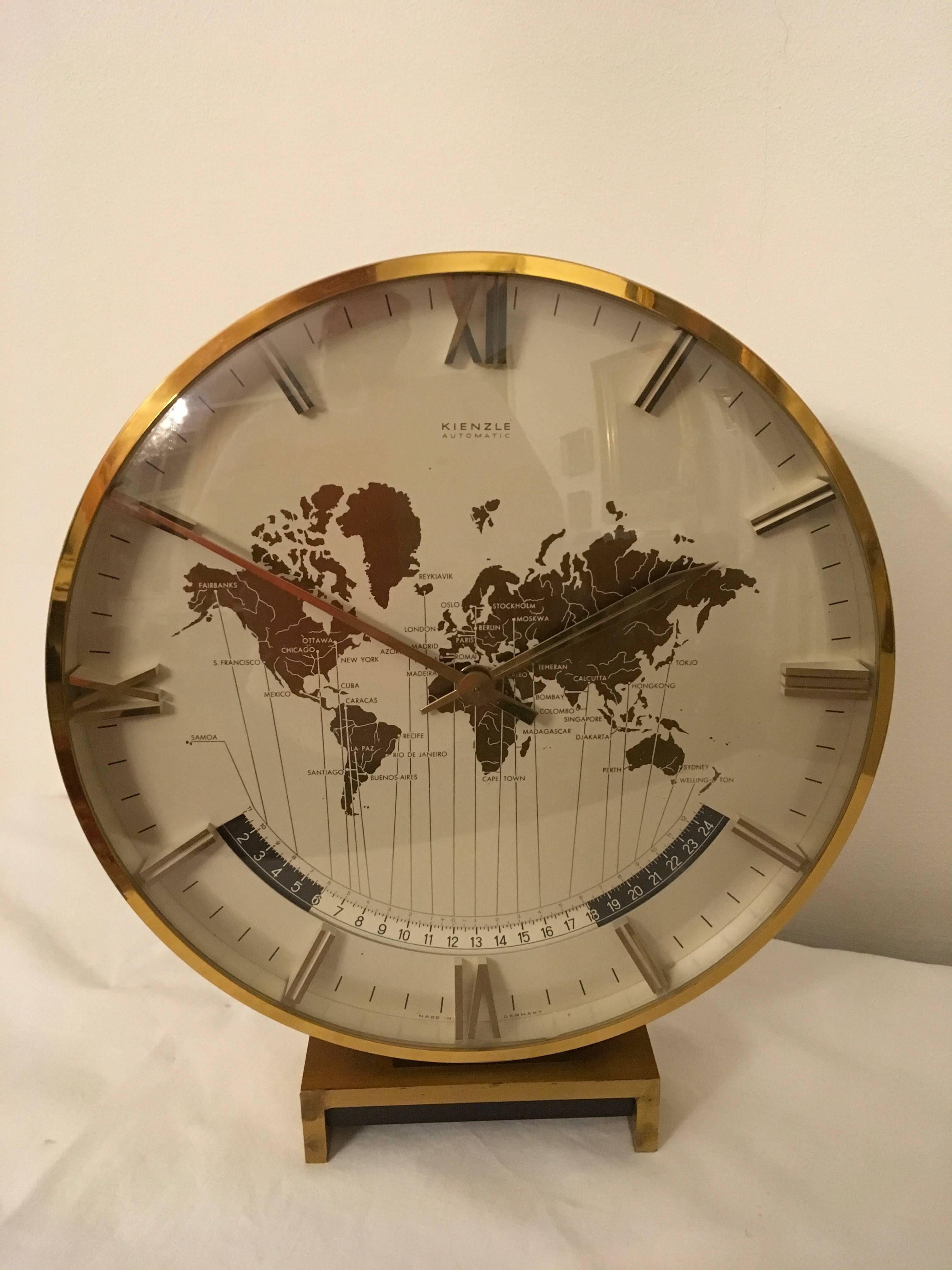 German Big Kienzle Weltzeituhr Modernist Table World Timer Zone Clock