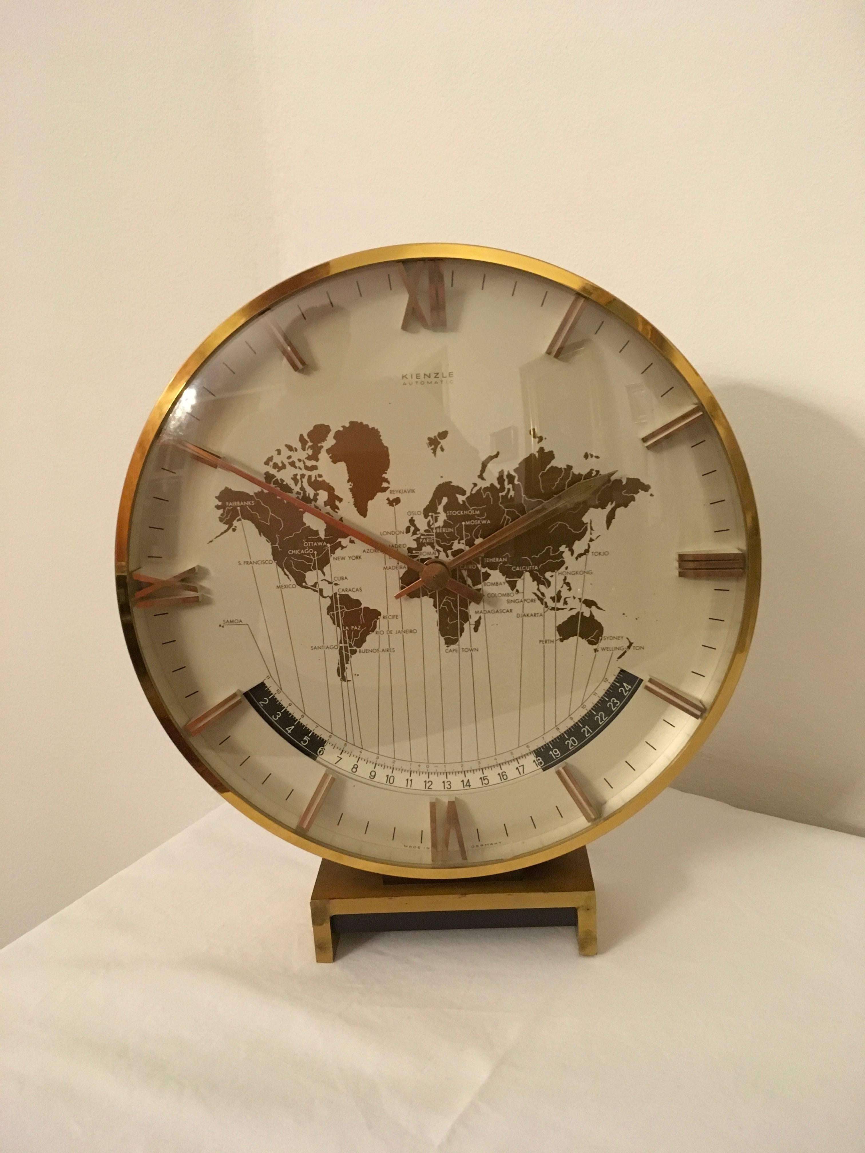 Mid-20th Century Big Kienzle Weltzeituhr Modernist Table World Timer Zone Clock