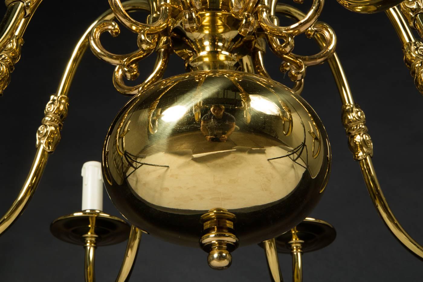 Late 20th Century Vintage Large Dutch Baroque Brass Ten-Arm Chandelier