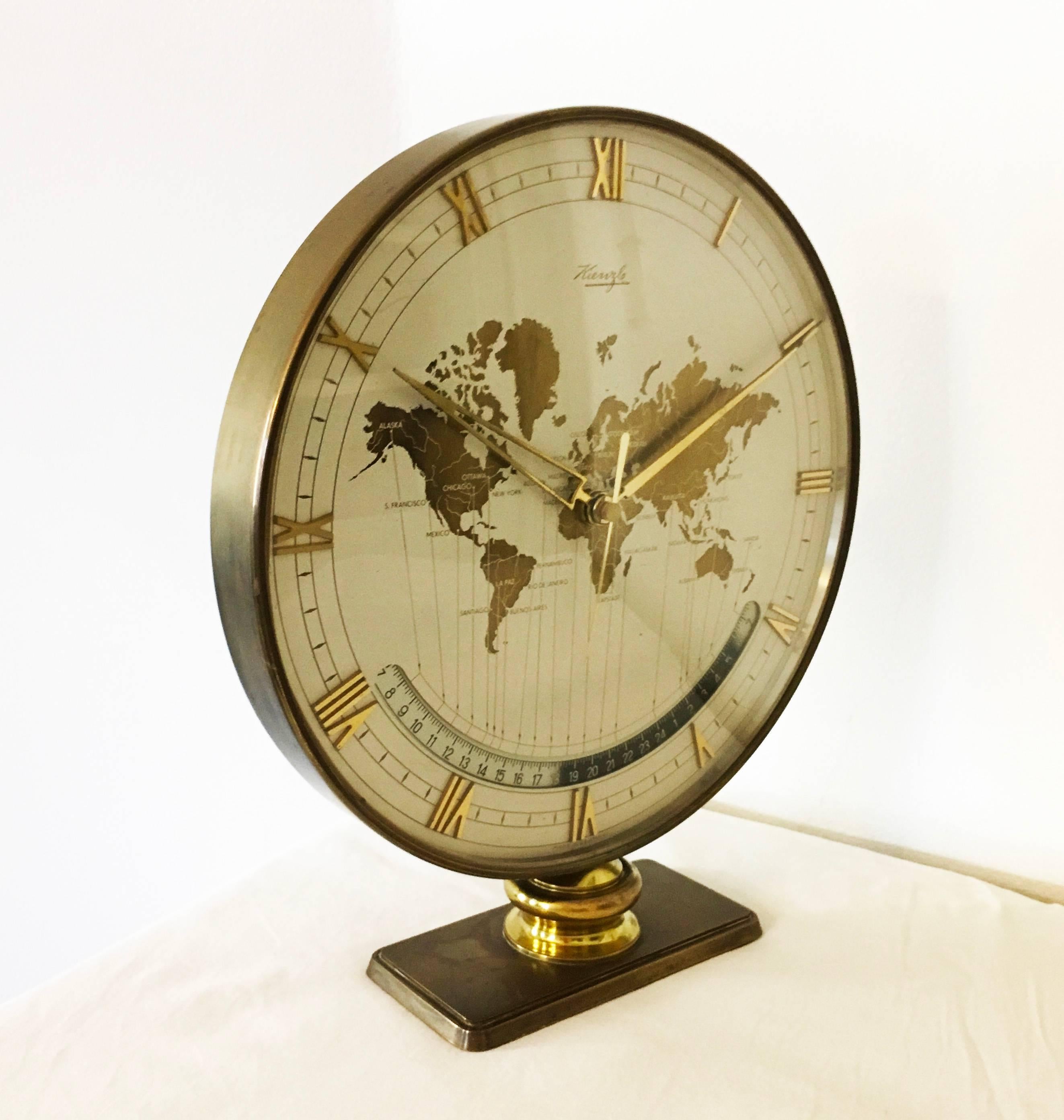 Brass Big Kienzle Weltzeituhr Modernist Table World Timer Zone Clock For Sale