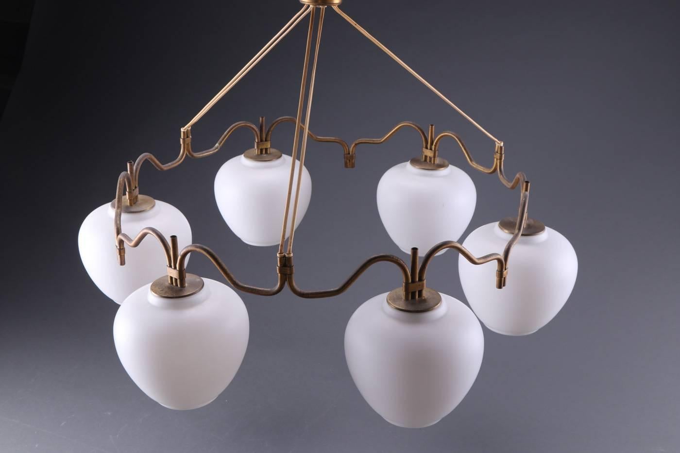 Mid-Century Modern Brass Chandelier with Opaline Glass Shades by Bent Karlby for Lyfa