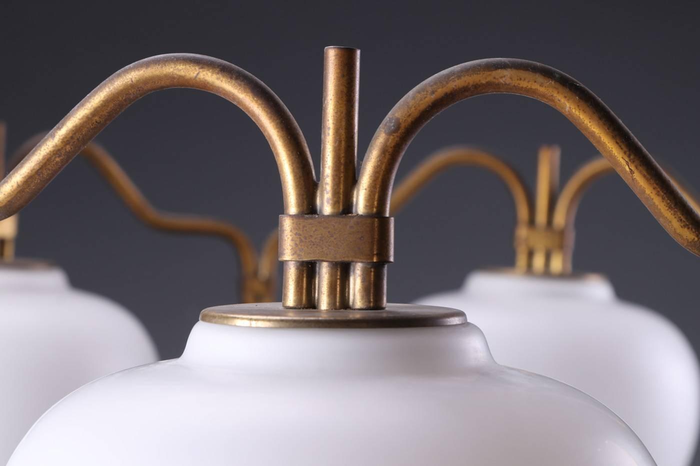 Brass Chandelier with Opaline Glass Shades by Bent Karlby for Lyfa 2