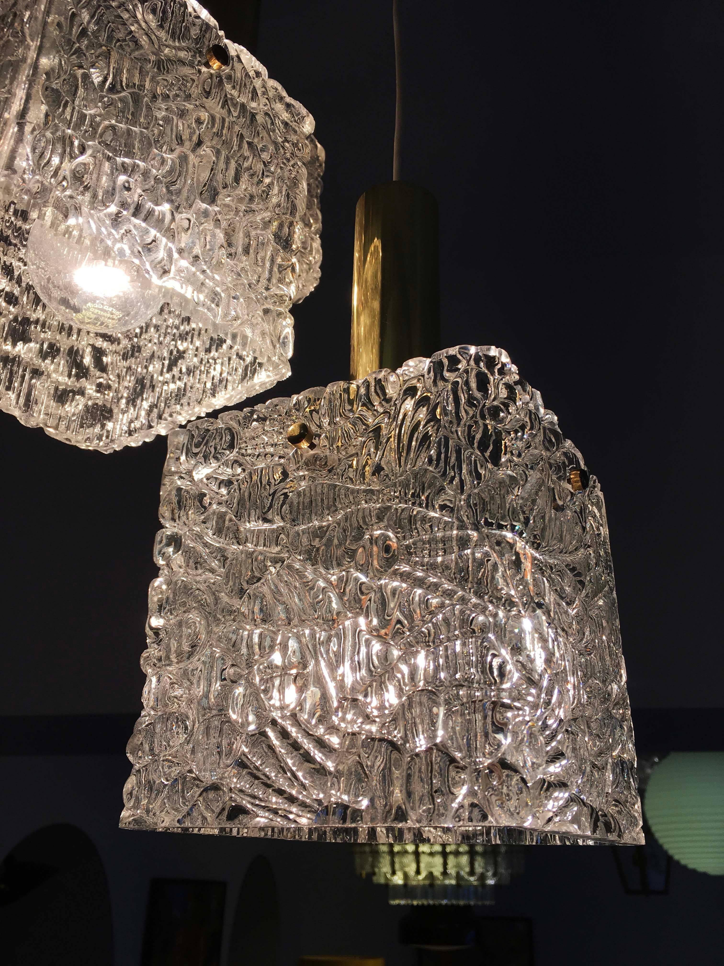 Cascading Textured Glass and Brass Chandelier by J.T. Kalmar For Sale 2