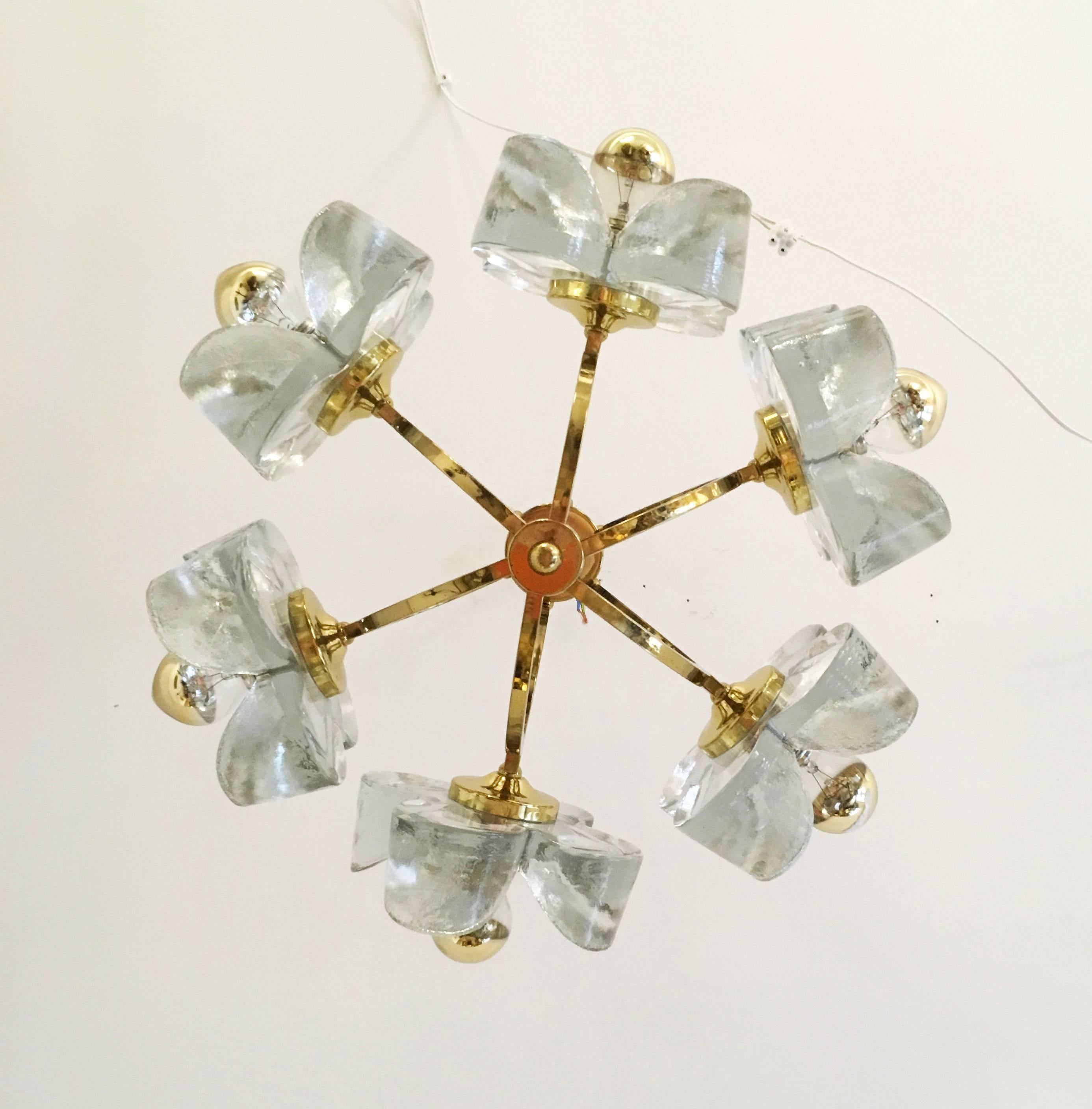 German Mid-Century Glass and Brass Chandelier by Simon and Schelle For Sale