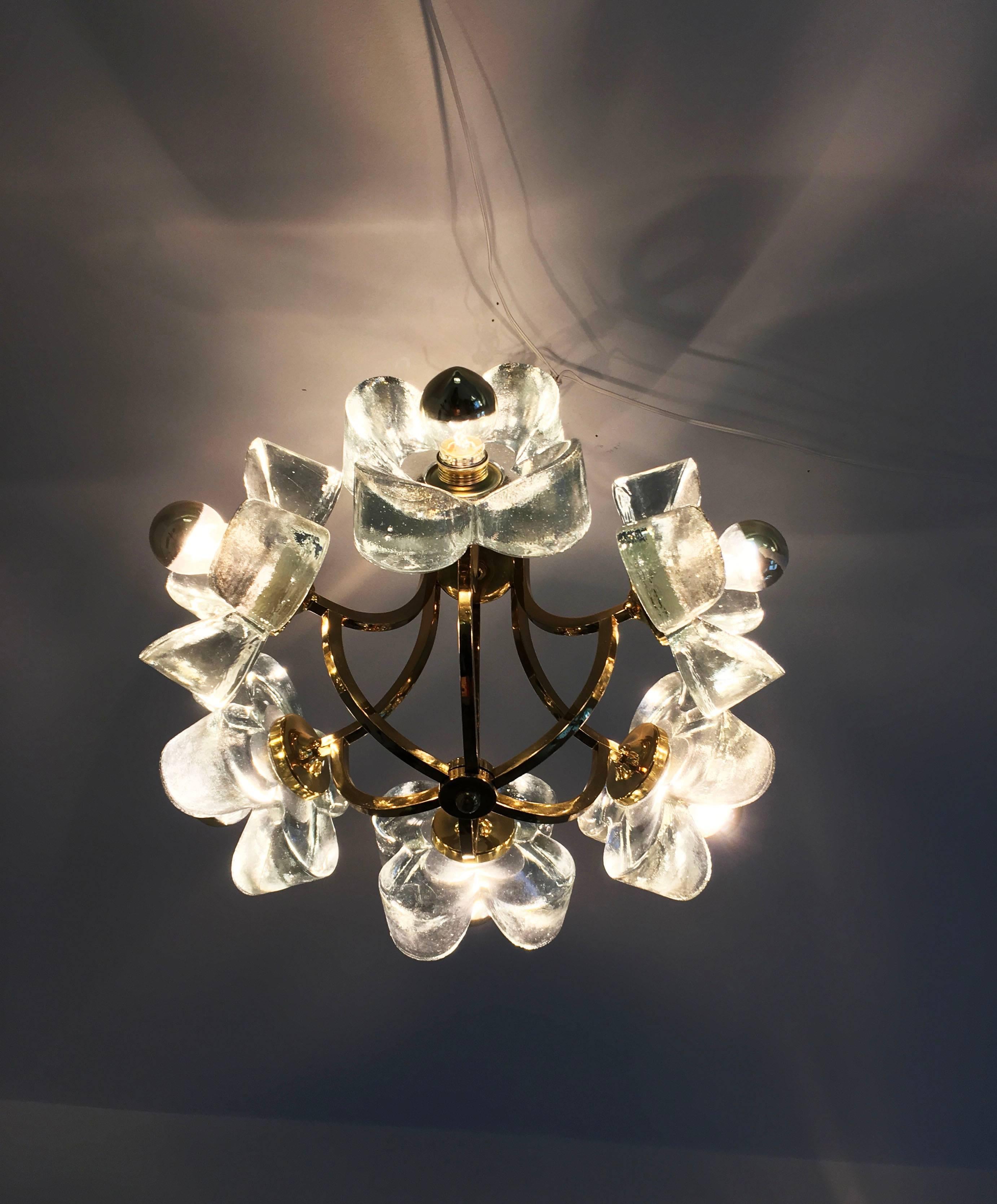 Mid-Century Glass and Brass Chandelier by Simon and Schelle For Sale 1