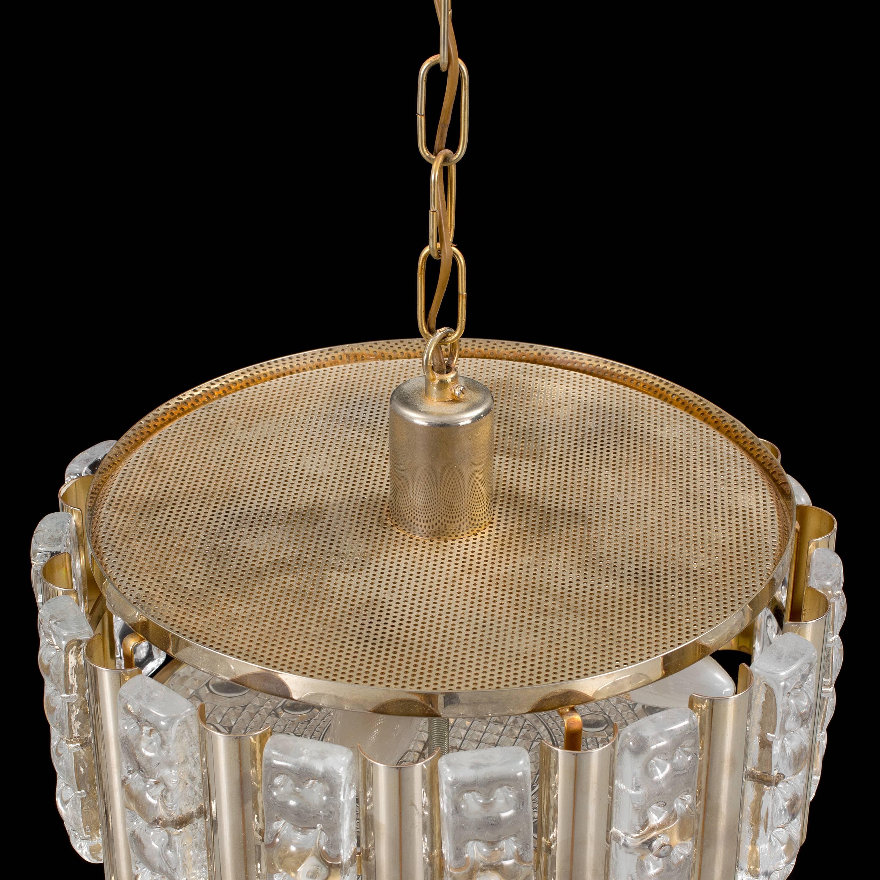 Scandinavian Modern Ceiling Lamp, Glass and Brass Case For Sale