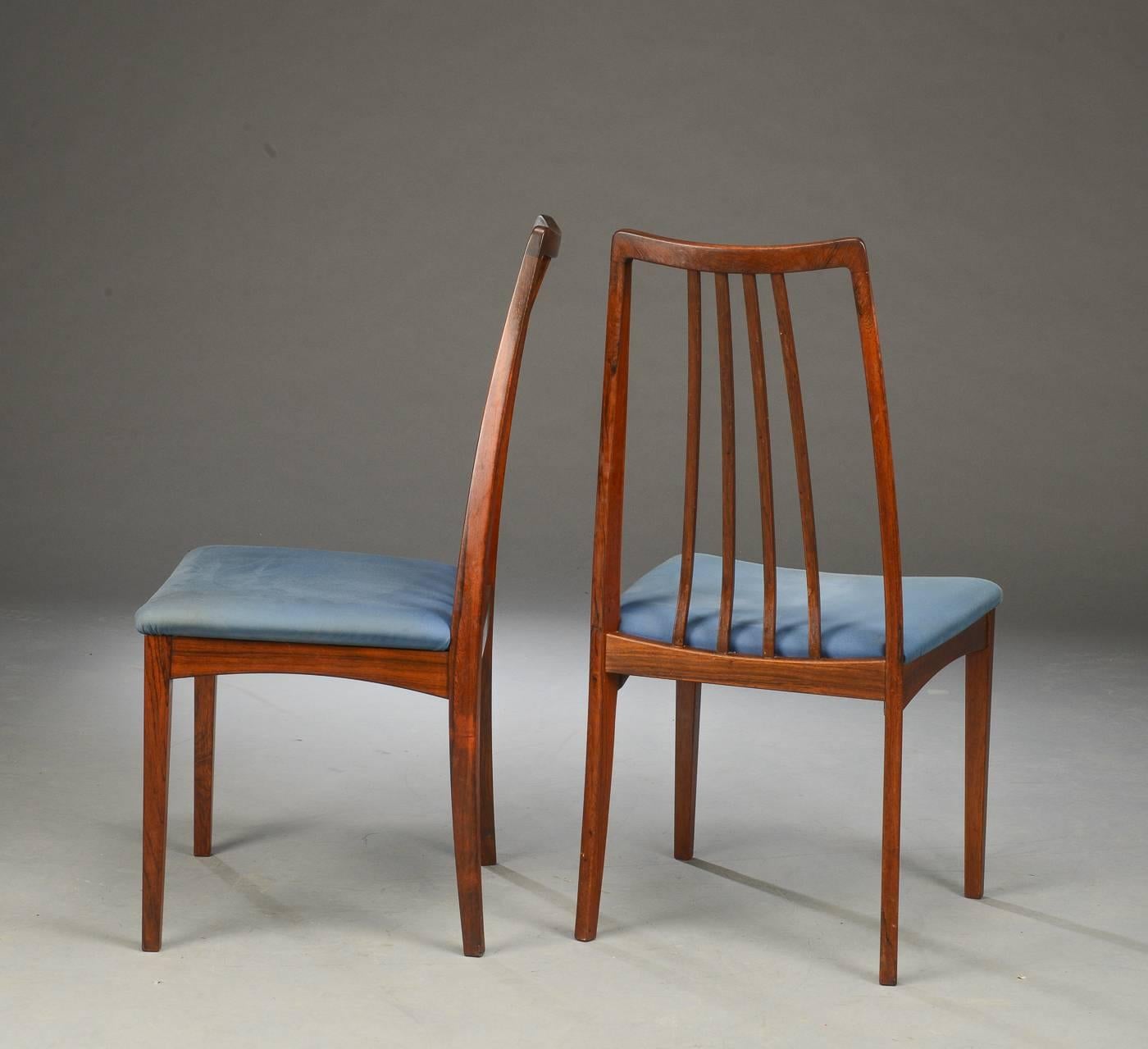 Hardwood frame, seat upholstered in blue fabric, produced by in Denmark in the 1960s. Wood in excellent condition, new upholstery is of course on request possible in any kind of leather or fabric of your choice. Please ask for more