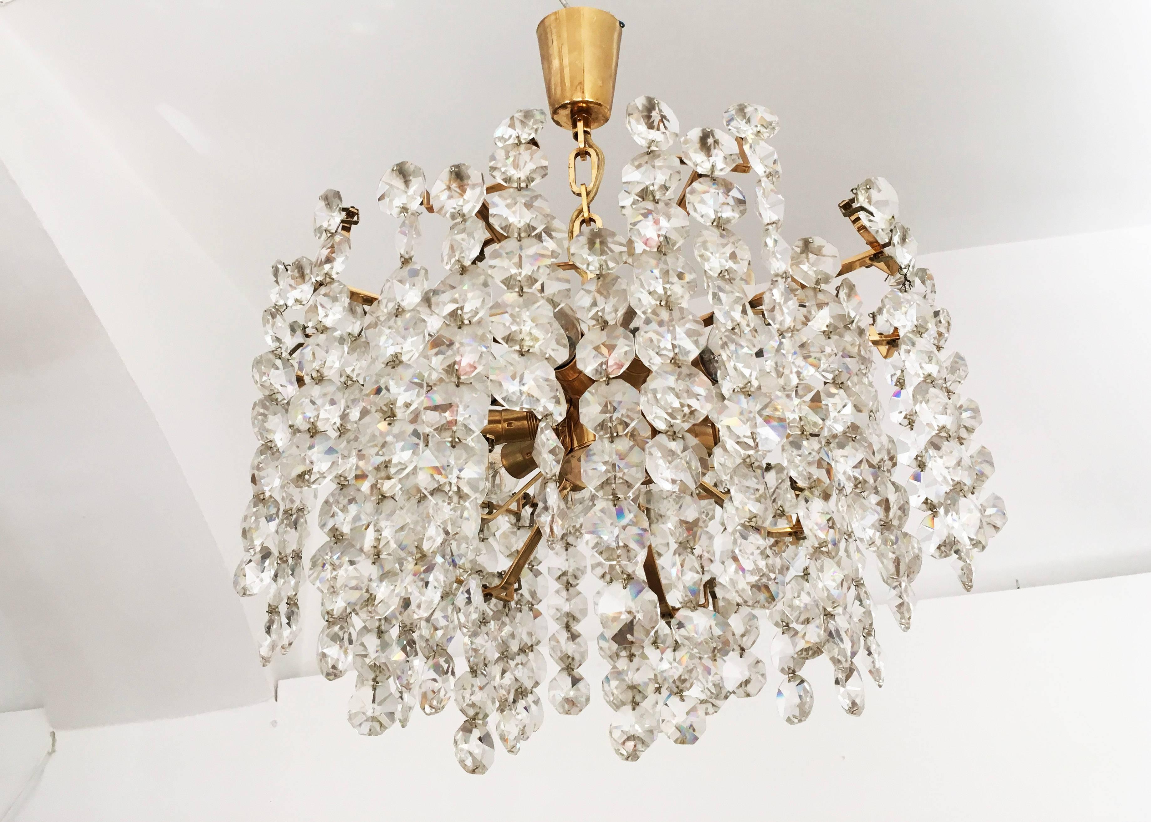 Brass Unique Cut Crystal Chandelier by Bakalowits For Sale