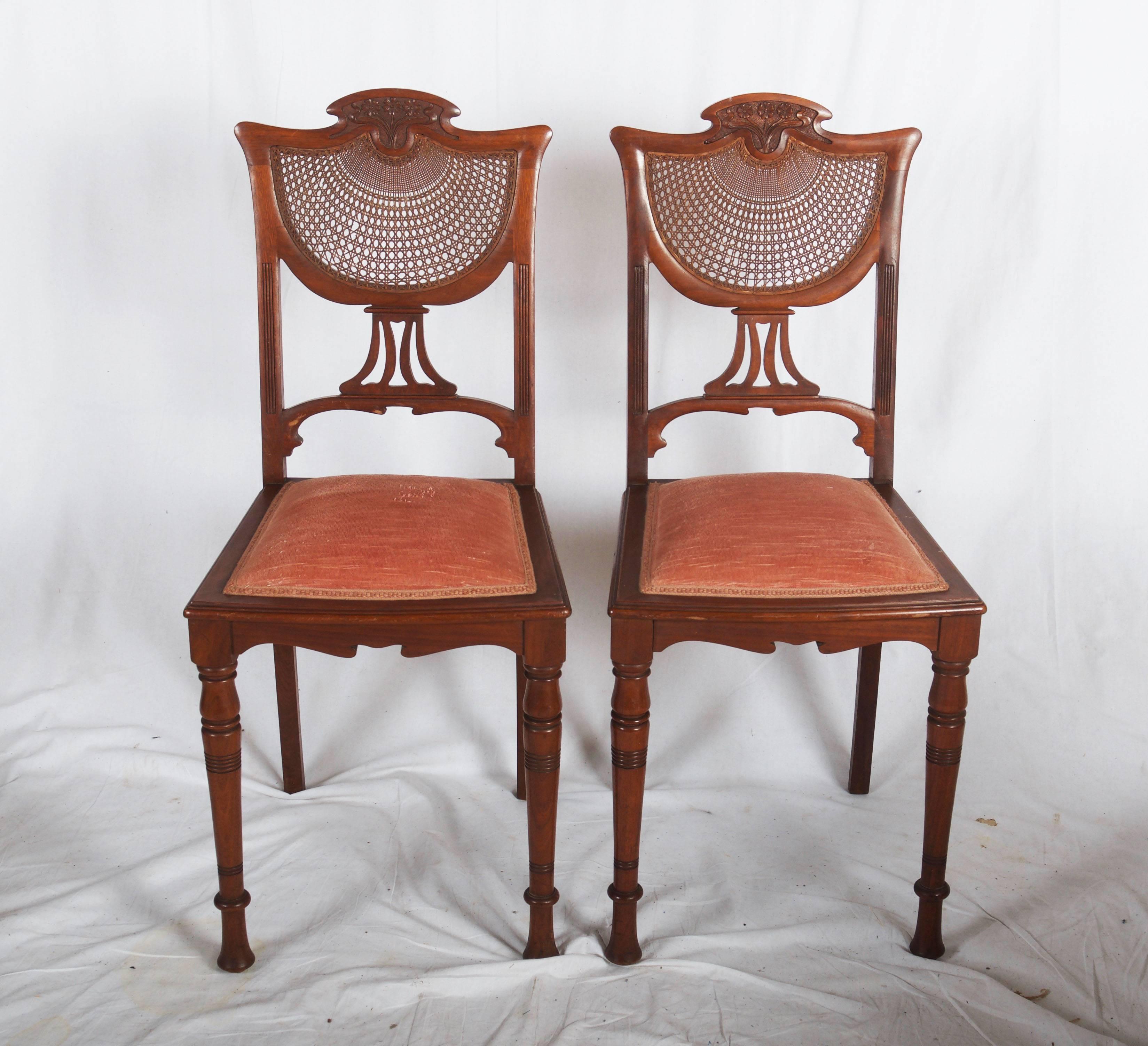 Early 20th Century French Art Nouveau Walnut Side Chairs