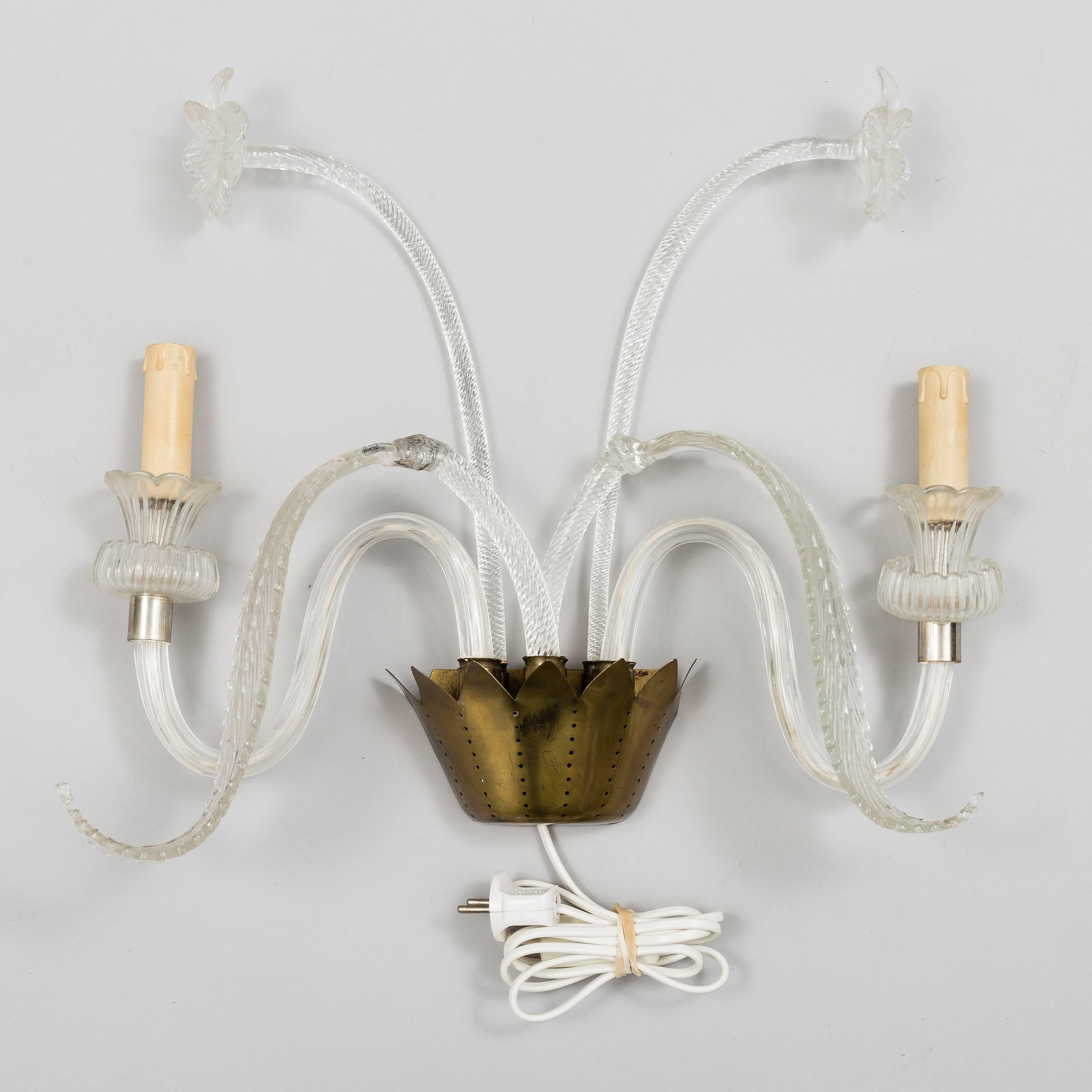 Brasse base with four glass decorative elements and two arms fitted with E14 sockets. Made in Italy in the 1950s
