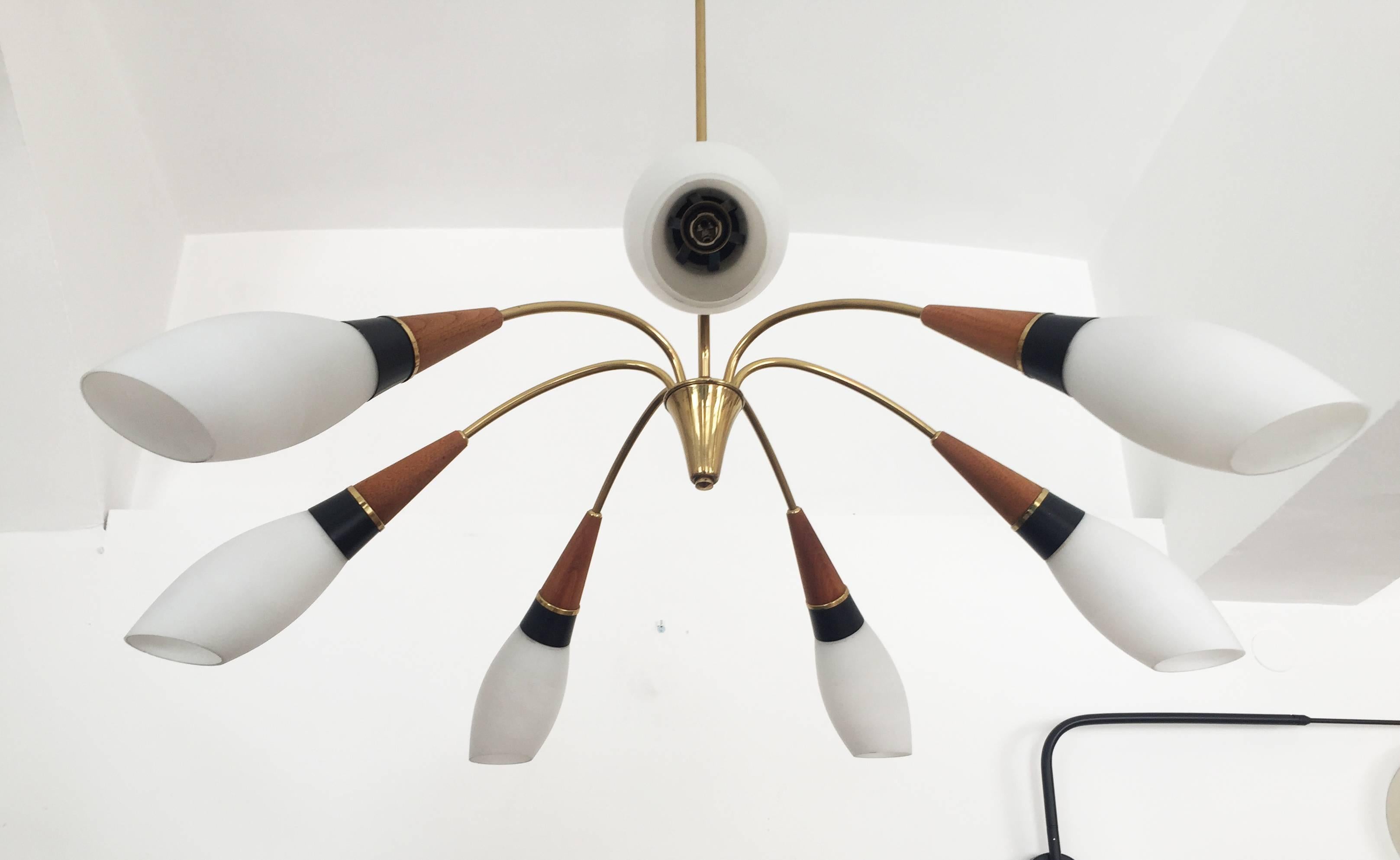 Brass construction with nut wood elements, fitted with E14 sockets, opaline glass shades. Made in Austria, Vienna in the 1960s by Rupert Nikoll.