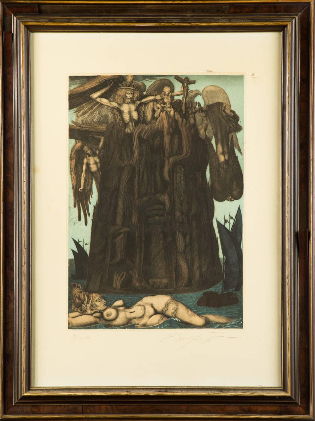 Ernst Fuchs (1930-2015), color etching, 'DAS GEFÄNGNIS DES IKARUS, (the prison of icarus) figurative representation with the female nude figure, angels, Christian symbols as well as water and ships, brown and blue shades, signed and numbered '14 /