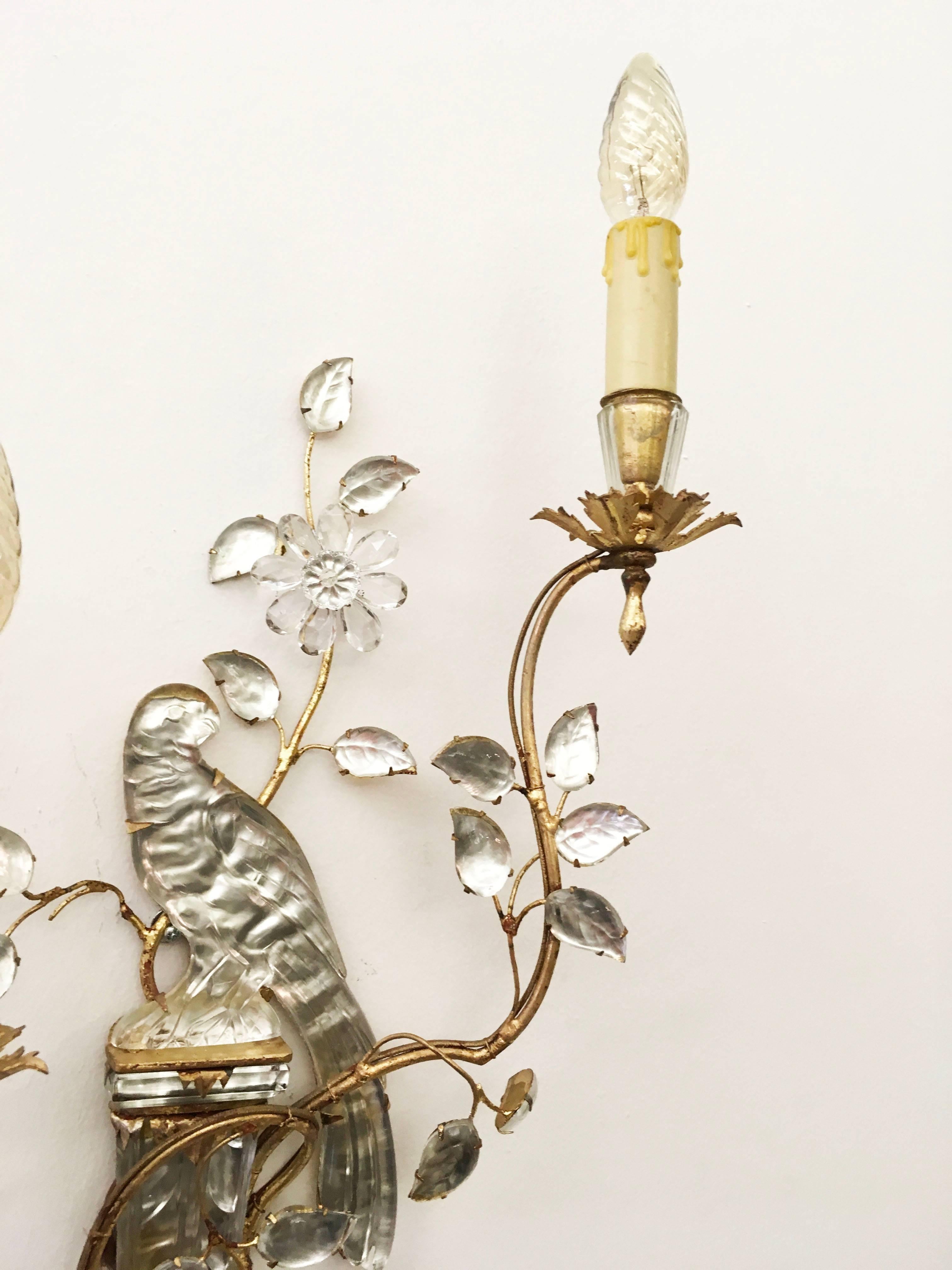 Stunning French 1940s two-light wall sconce by Maison Baguès with crystal parrot motif mounted on a gilt metal gold plated frame.