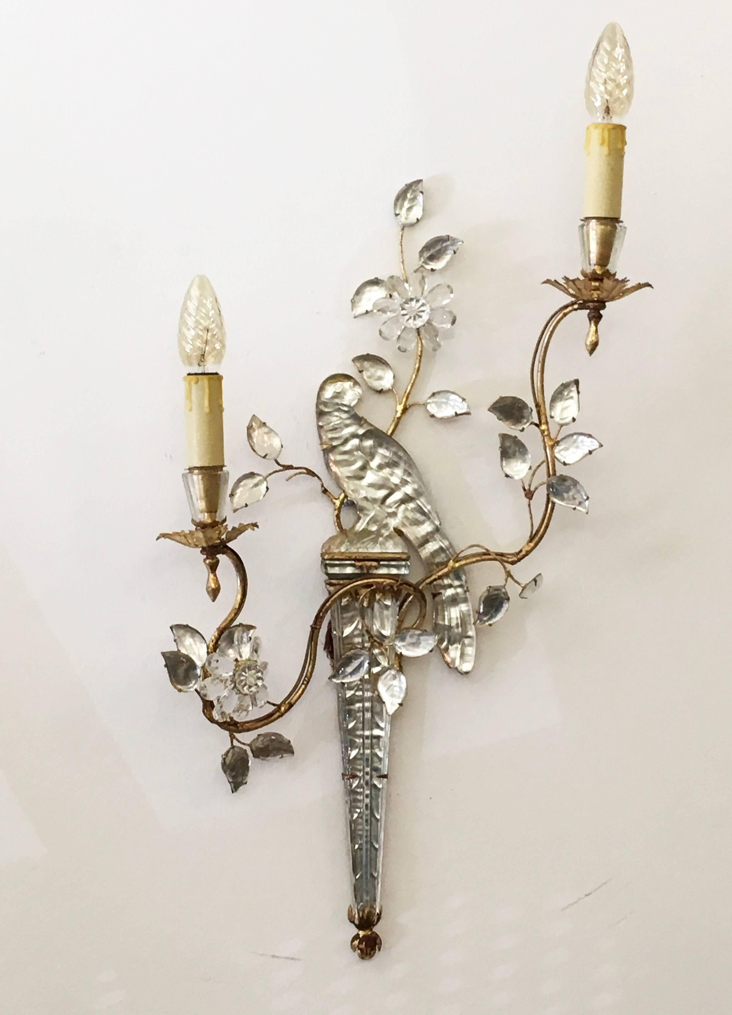 Hollywood Regency Maison Baguès Glass Bird and Floral Sconce