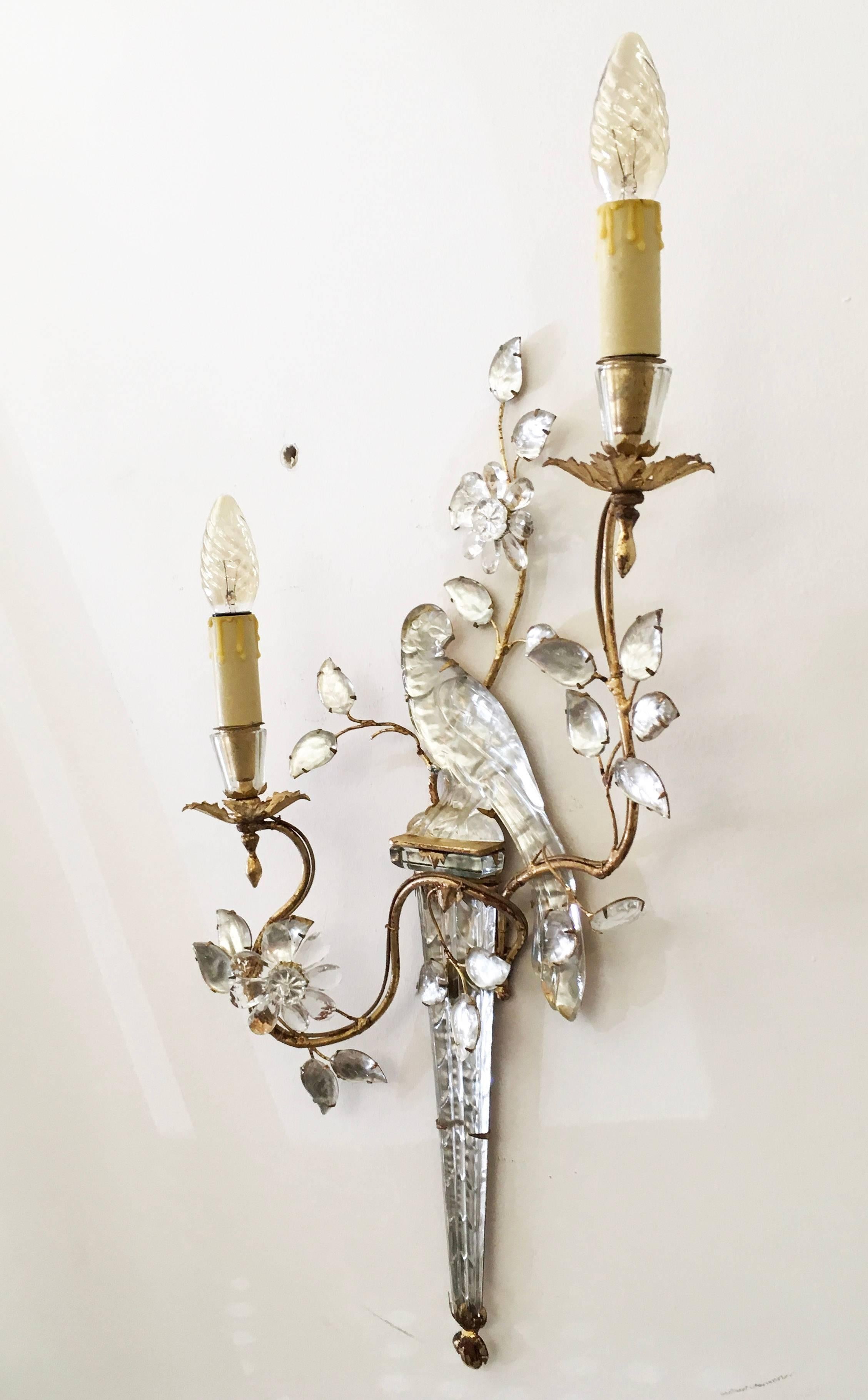 French Maison Baguès Glass Bird and Floral Sconce