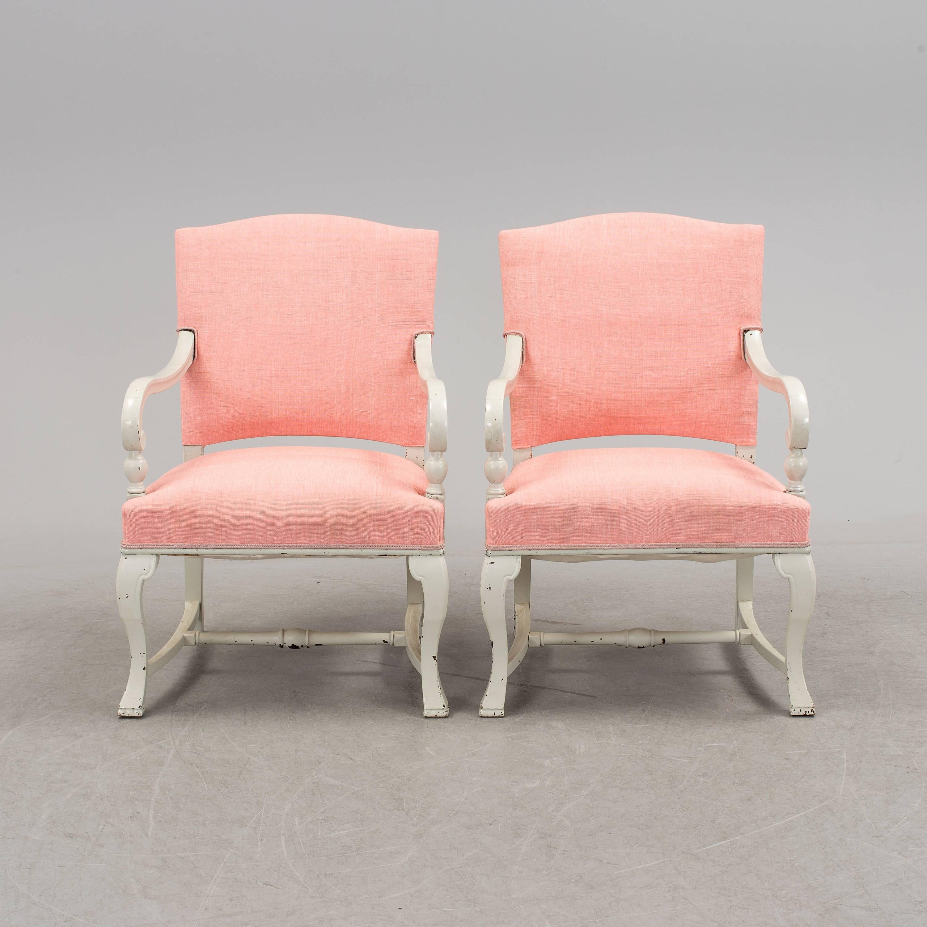 Wooden frame upholstered with pink fabric. Made in Sweden in circa 1890-1900.