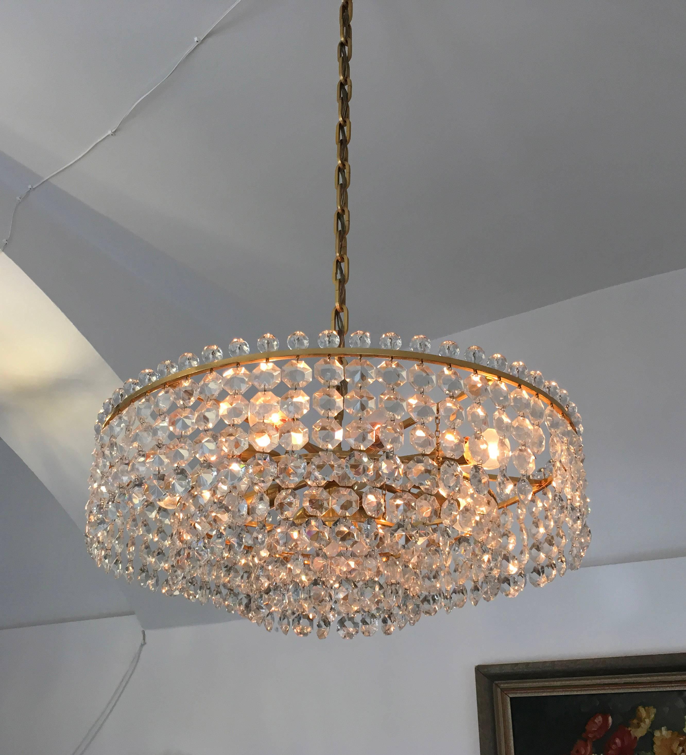 Brass Beautiful Cut Crystal Chandelier by Bakalowits For Sale