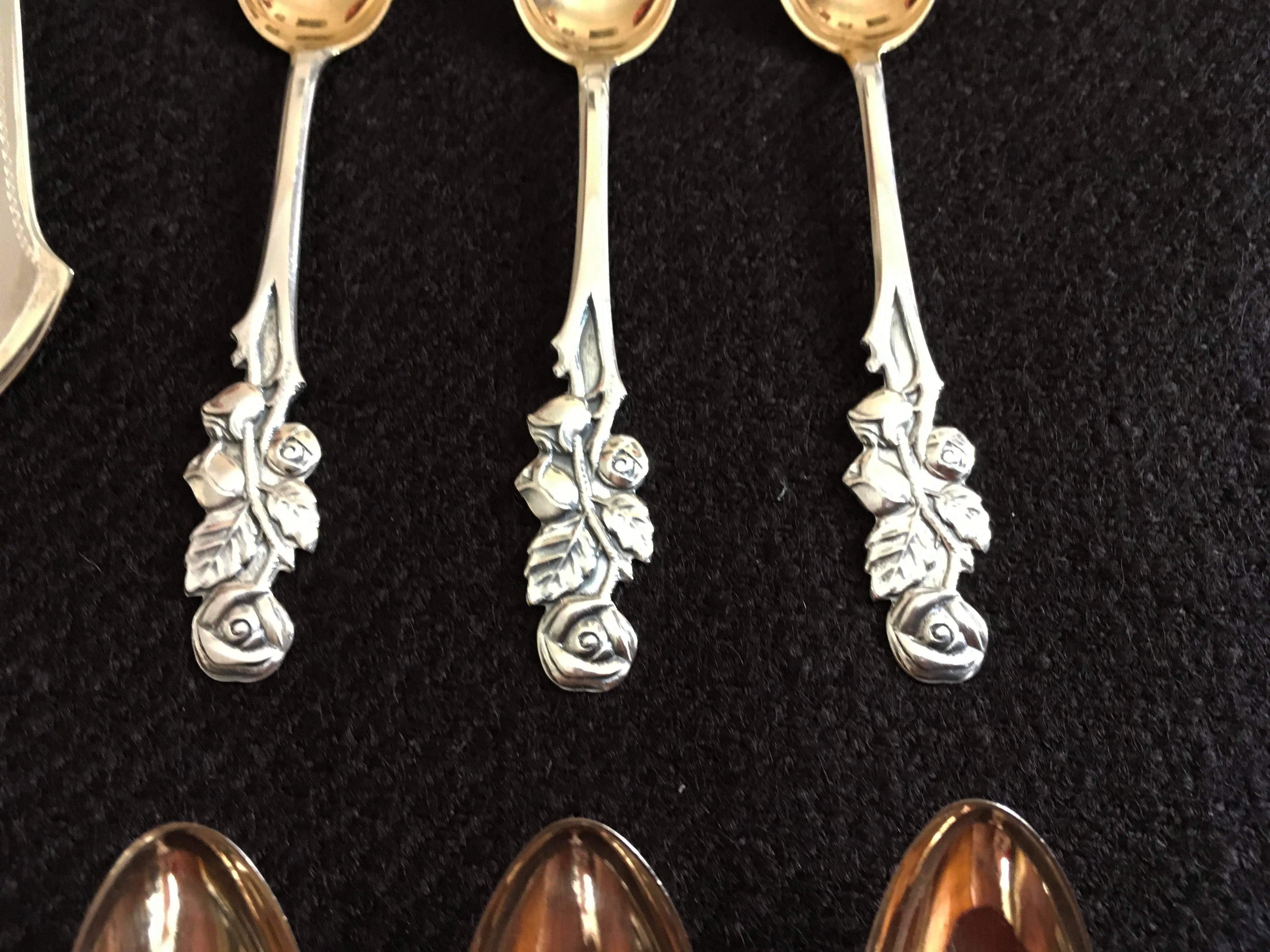 Mid-20th Century French Silver and Gold Tea or Coffee Spoons with Cake Server For Sale