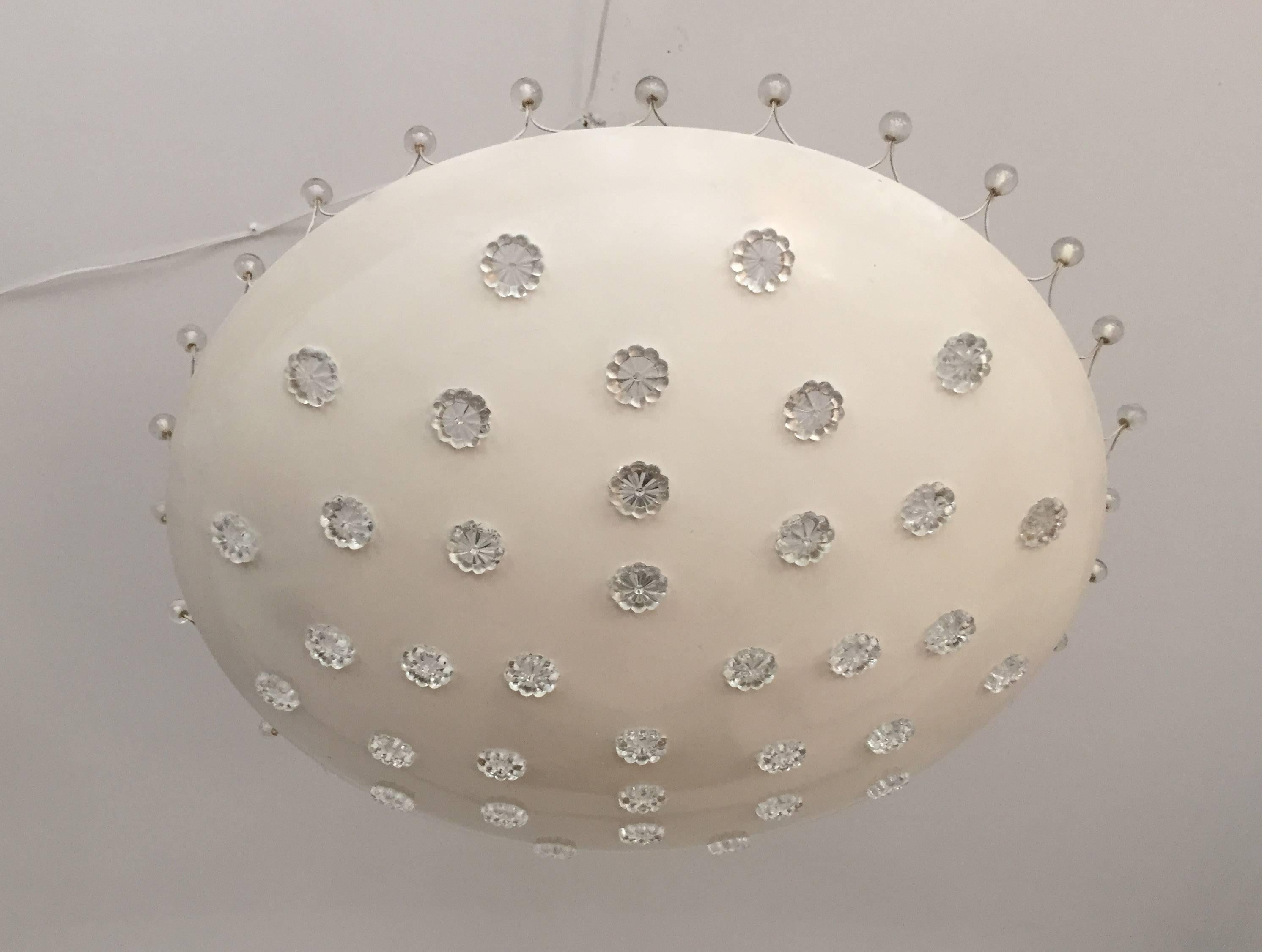 Steel lacquered with glass blossoms and pearls. Designed in the 1950s in Vienna by Emil Stejnar for Rupert Nikoll. Fitted with four E27 up to 100W sockets. This is the biggest one of the kind with 60cm (24