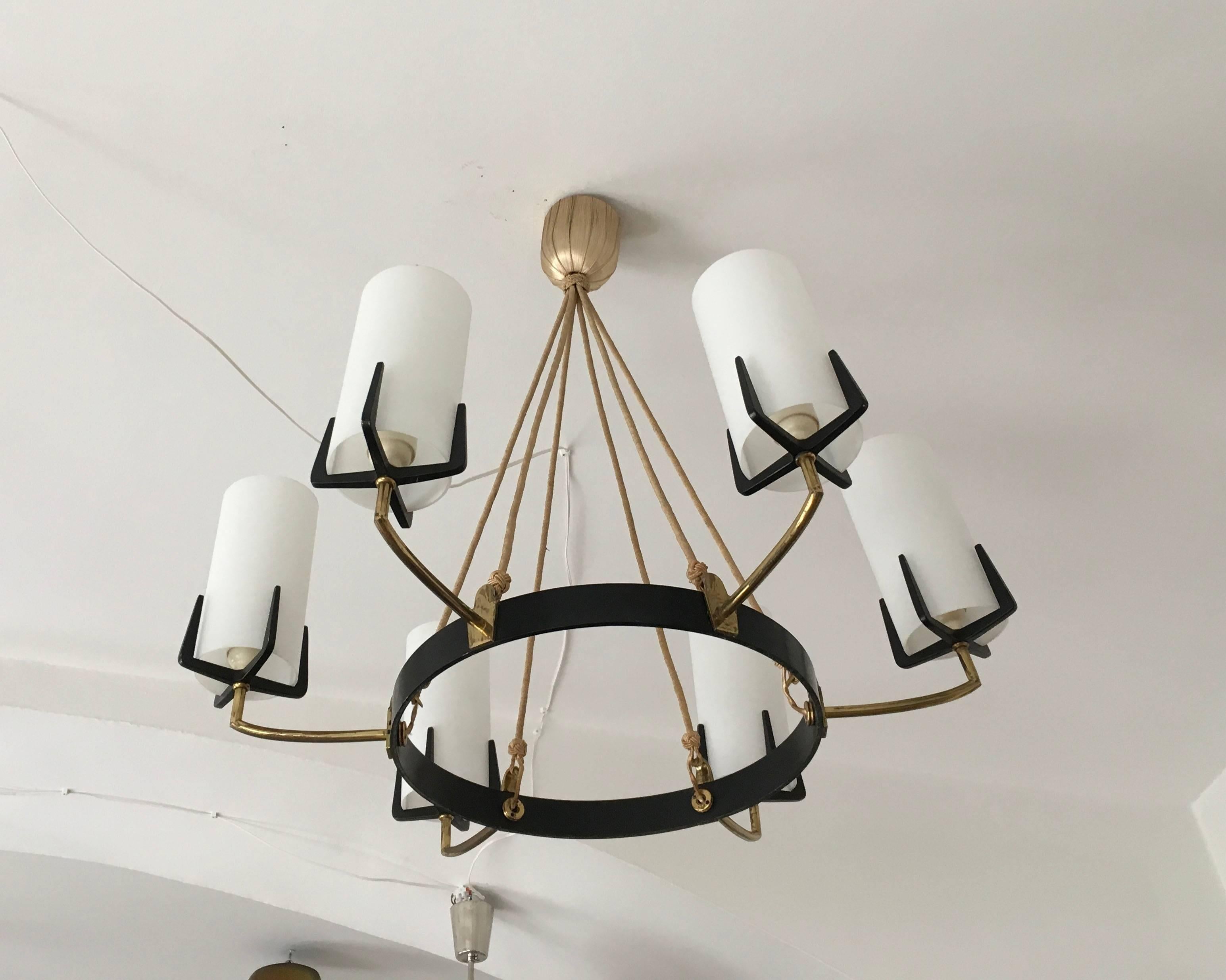 Mid-20th Century Large Brass Opaline Glass Chandelier by Rupert Nikoll For Sale