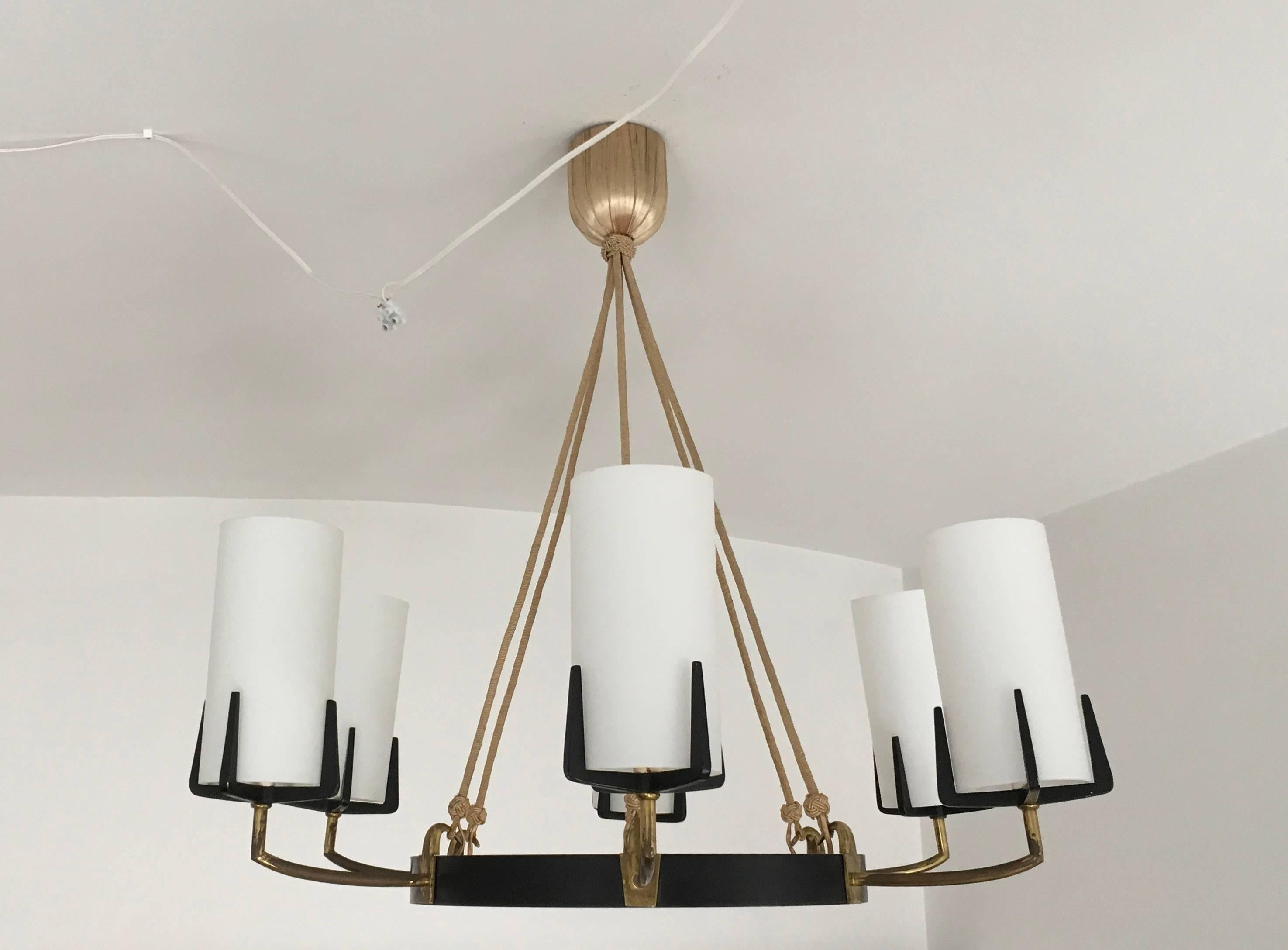 Large Brass Opaline Glass Chandelier by Rupert Nikoll For Sale 3