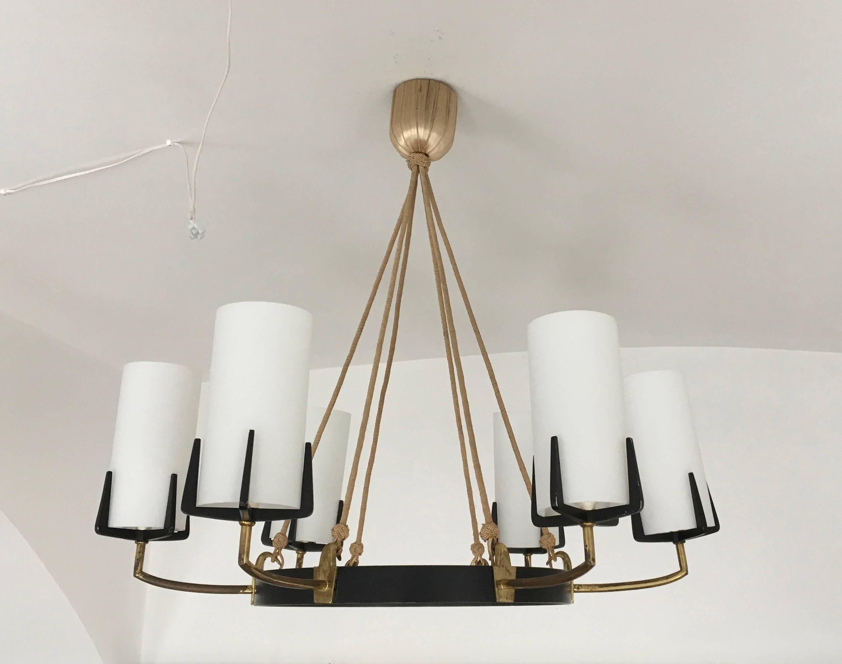 Large Brass Opaline Glass Chandelier by Rupert Nikoll For Sale 4