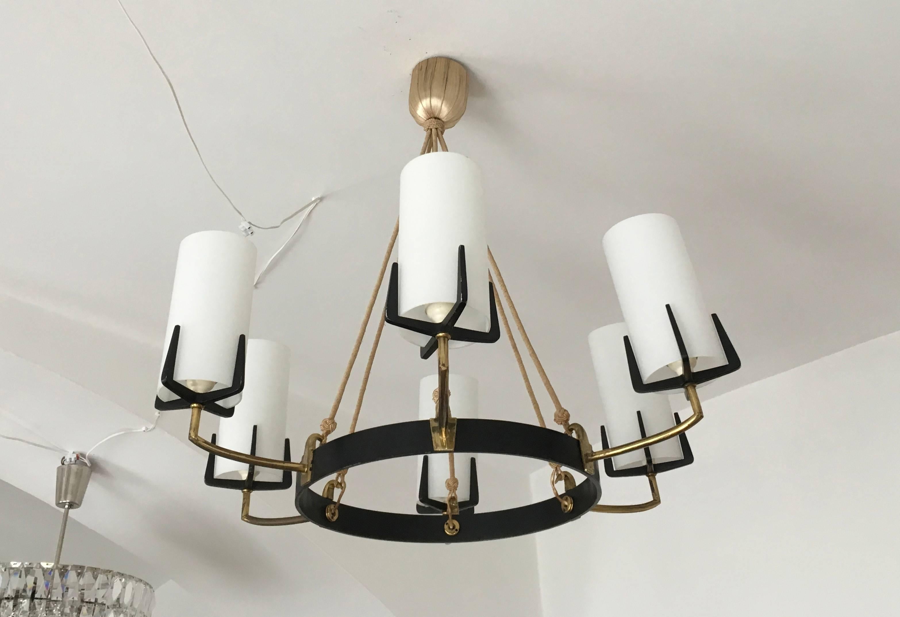 Large Brass Opaline Glass Chandelier by Rupert Nikoll For Sale 1