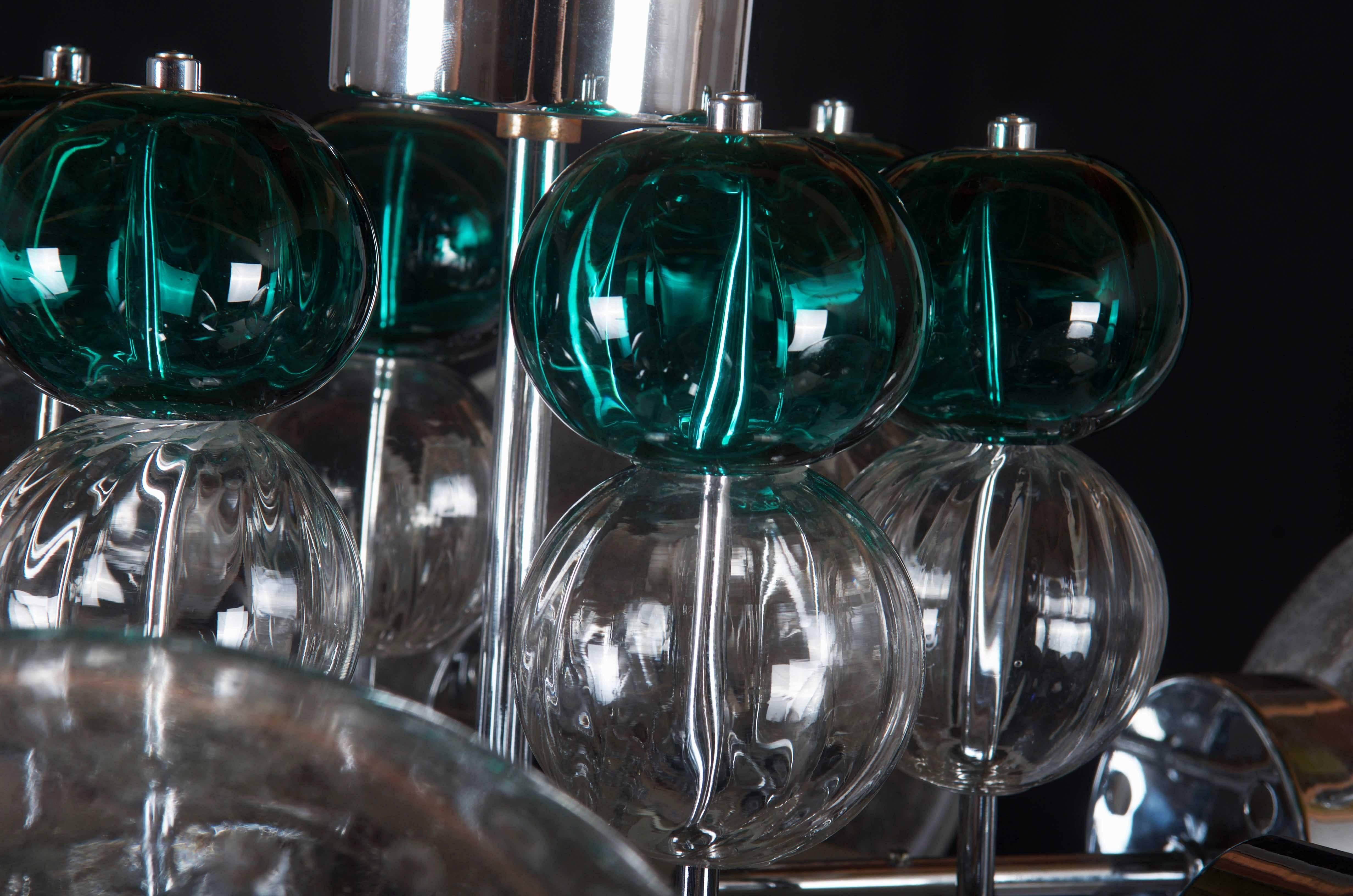 Brass Stunning Large Chandelier with Handblown Glass Globes