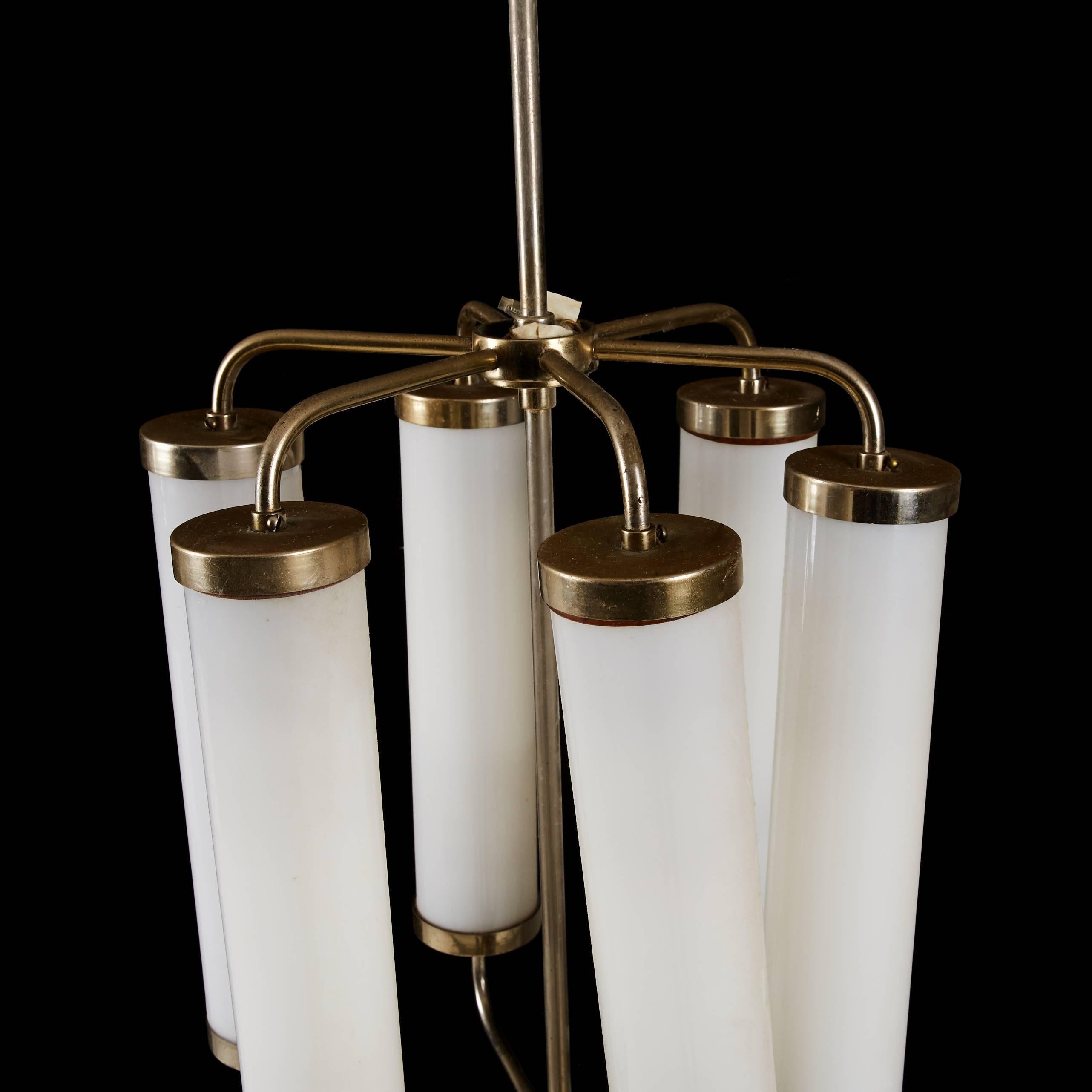 Beautiful simple and strict brass and steel construction chromed with six double coated glass cylinders. Made in Denmark in the late 1940s.