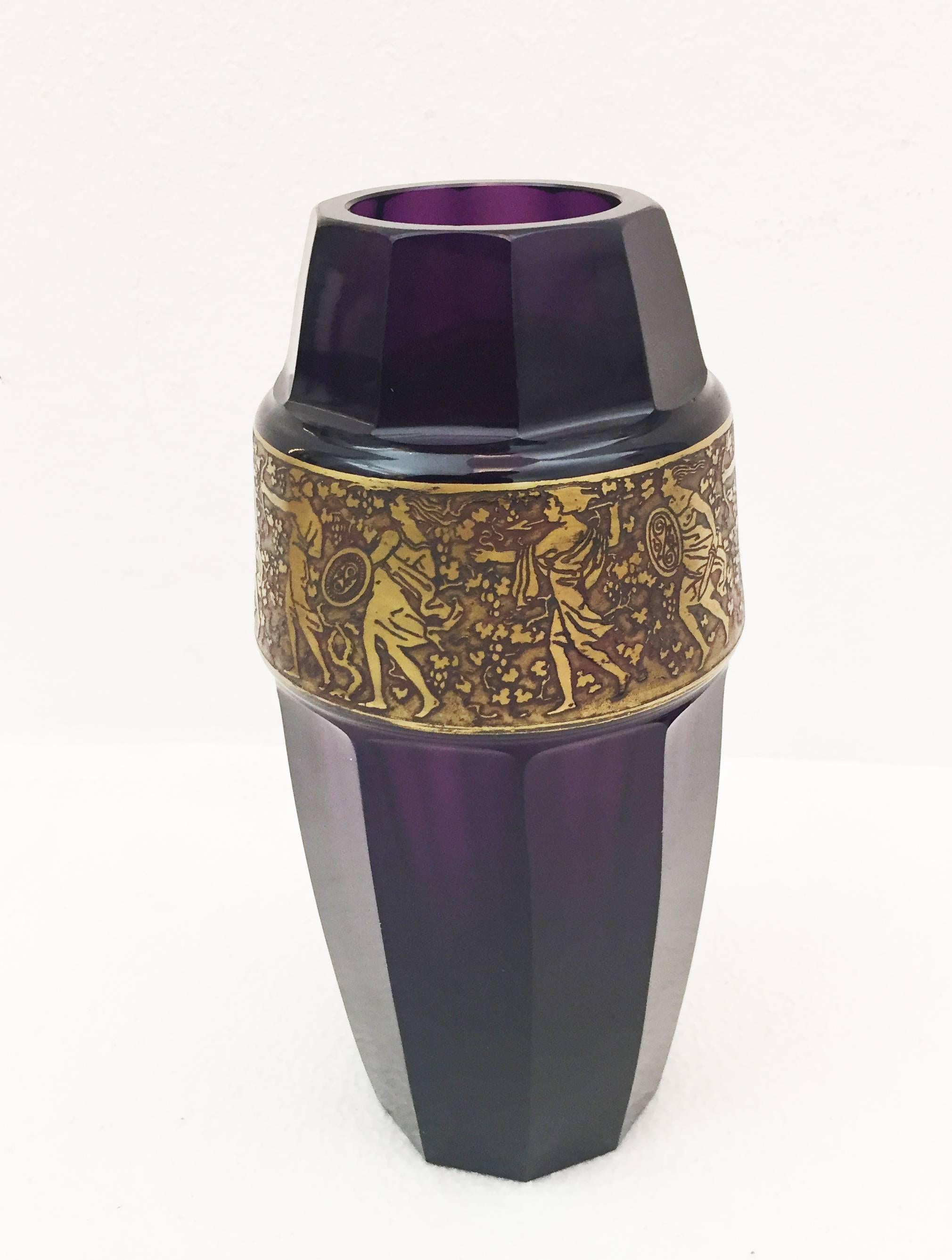 Hand blow purple glass with a gold trim, made circa 1900 in Karlsbad by Moser Glassworks.