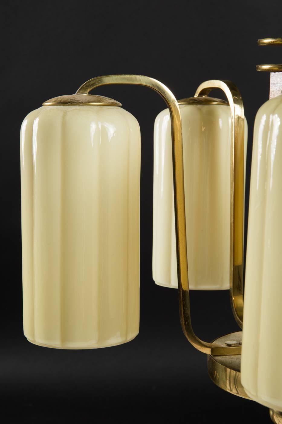 Brass Art Deco Opaline Glass Chandelier