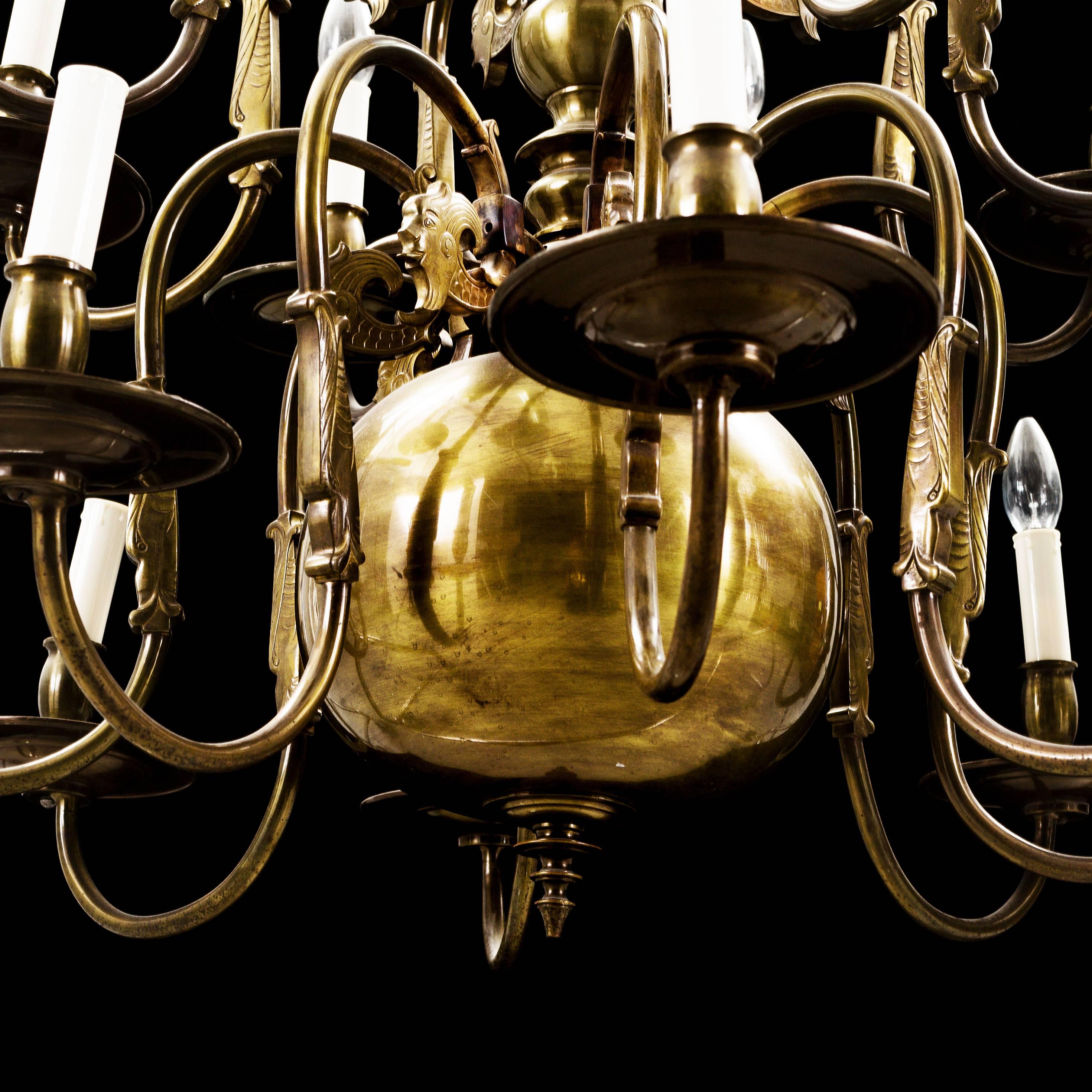 An 20th-century Dutch baroque chandelier in the 17th-century style.
This chandelier has grotesques to the fish-neck branches, surmounted by a double-headed eagle the symbol of the Habsburg Empire, which ruled the Spanish Netherlands, 1581 to