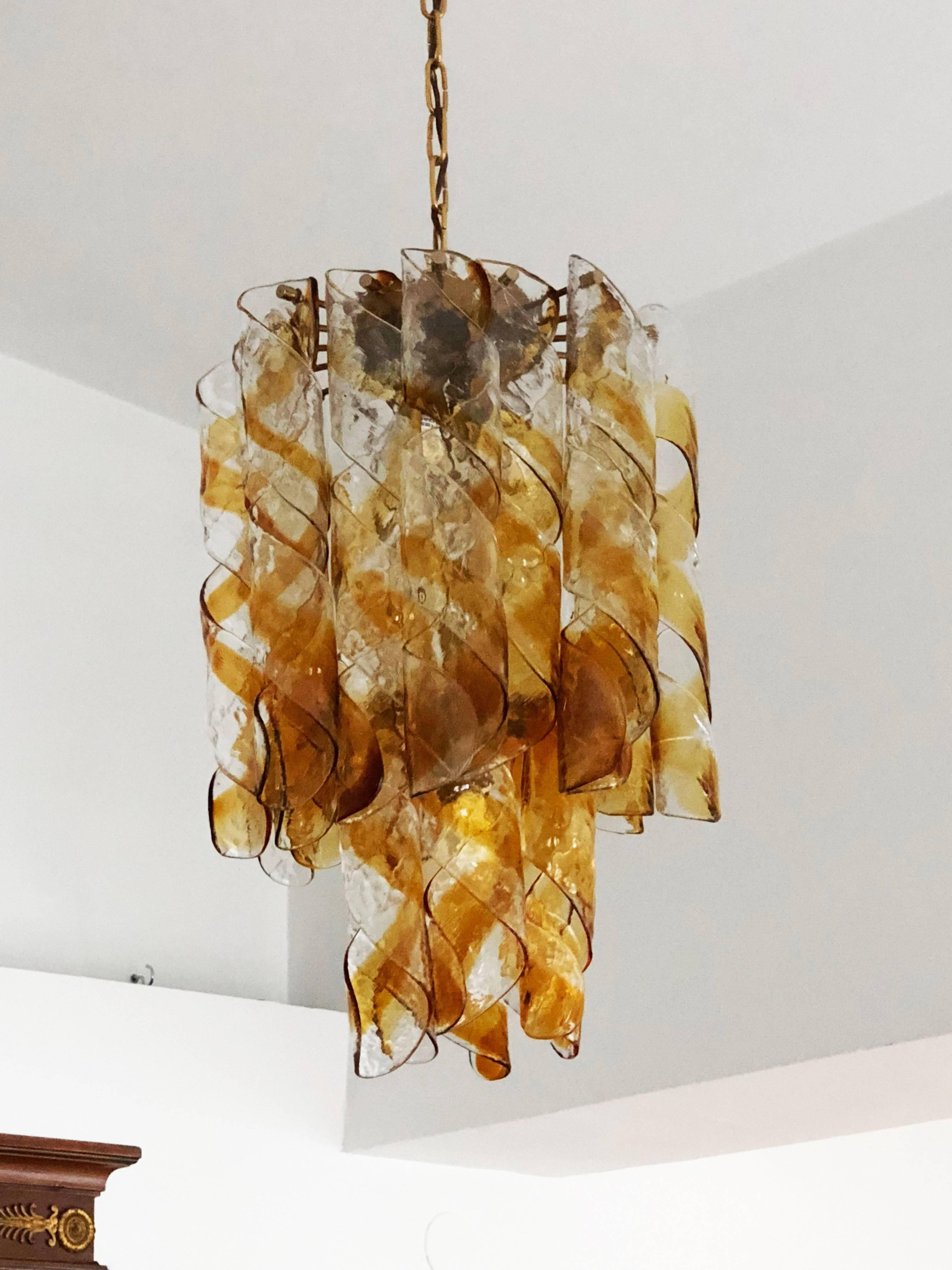 Mid-20th Century Italian Murano Amber Twisted Glass Chandelier by Mazzega For Sale
