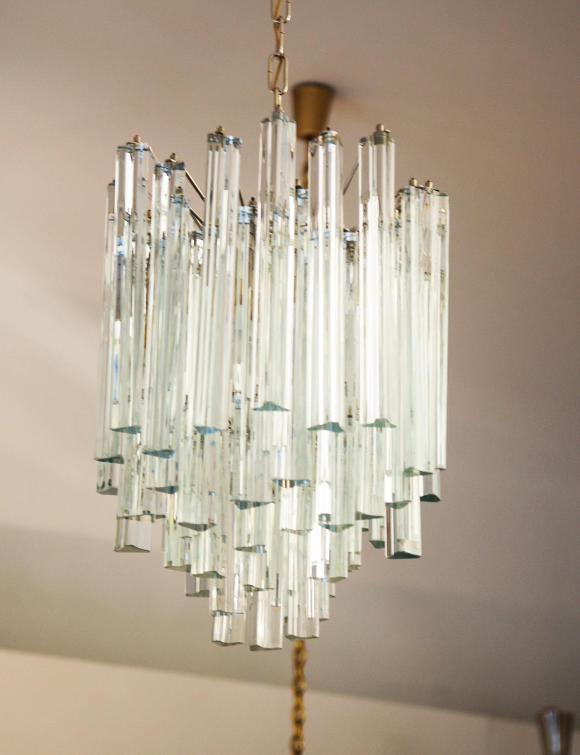 Lead Crystal Triangular Prisms Chandelier Attributed To Venini For Sale