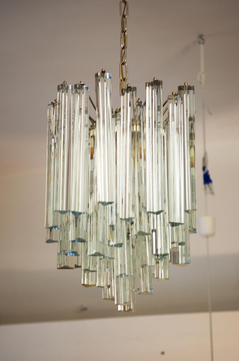 Lead Crystal Triangular Prisms Chandelier Attributed To Venini For Sale