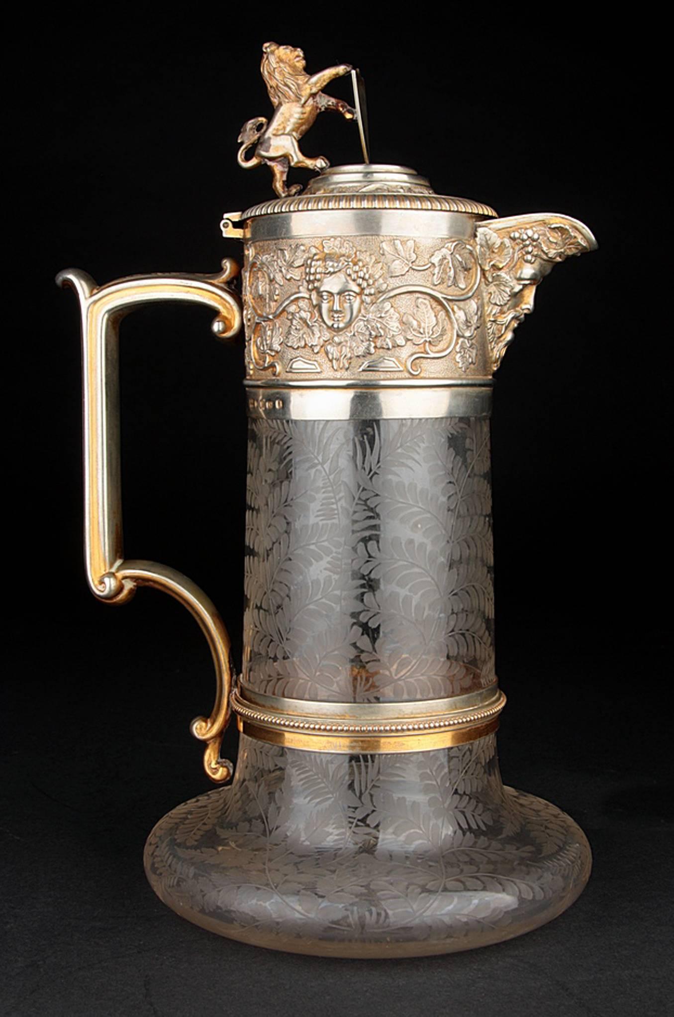 Large Victorian Period Brass Mounted Cut-Glass Claret Jug Pitcher 2