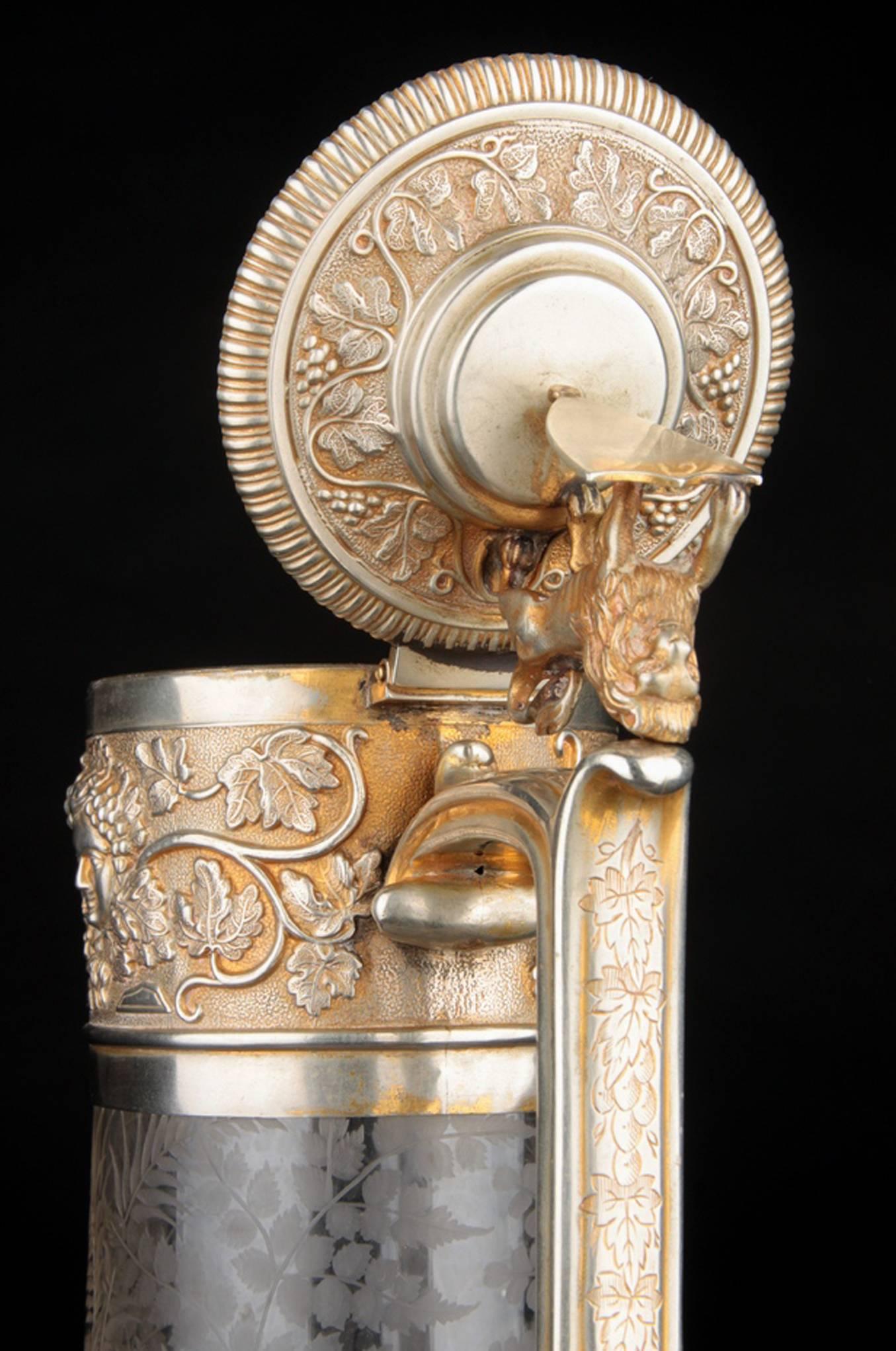 British Large Victorian Period Brass Mounted Cut-Glass Claret Jug Pitcher