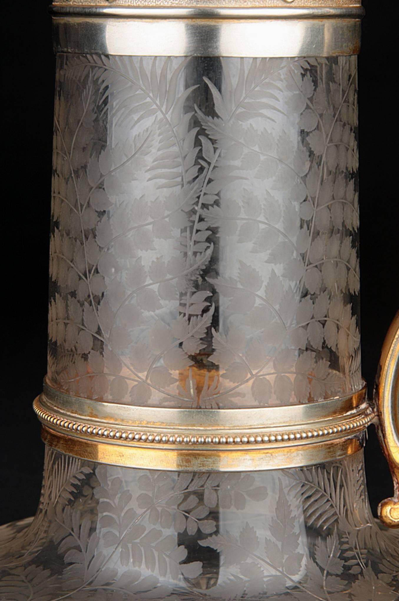 Large Victorian Period Brass Mounted Cut-Glass Claret Jug Pitcher 1