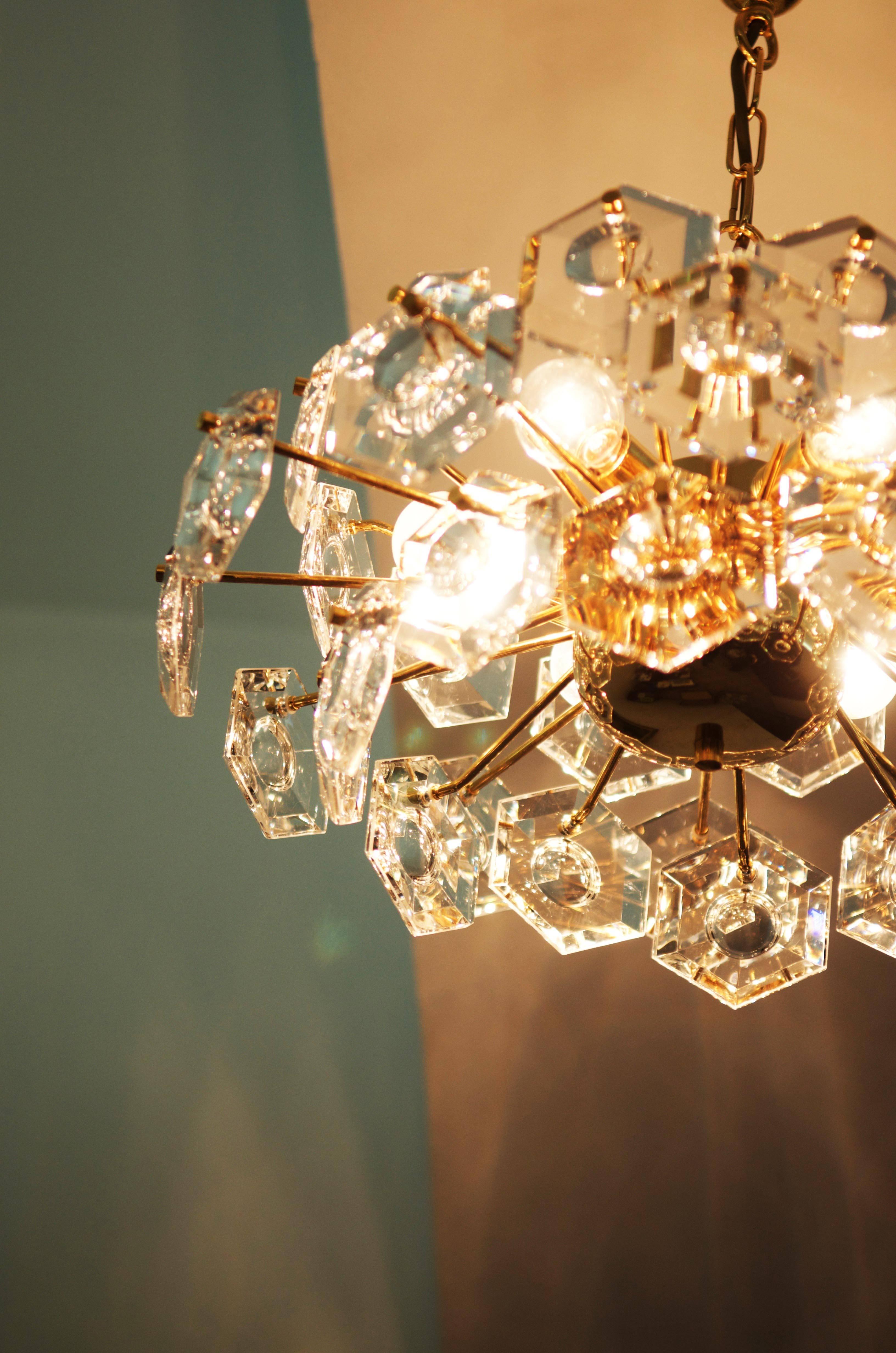 Mid-20th Century Kinkeldey Goldplate Hexagon Crystal Rocks Chandelier