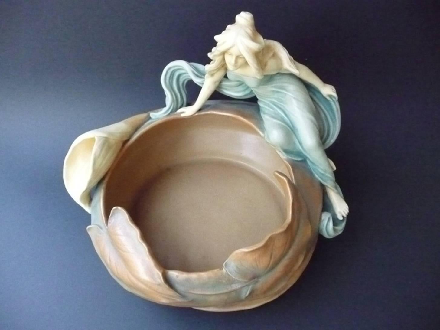 Ceramic Art Nouveau Jardiniere Bernhard Bloch Maiden With Callas