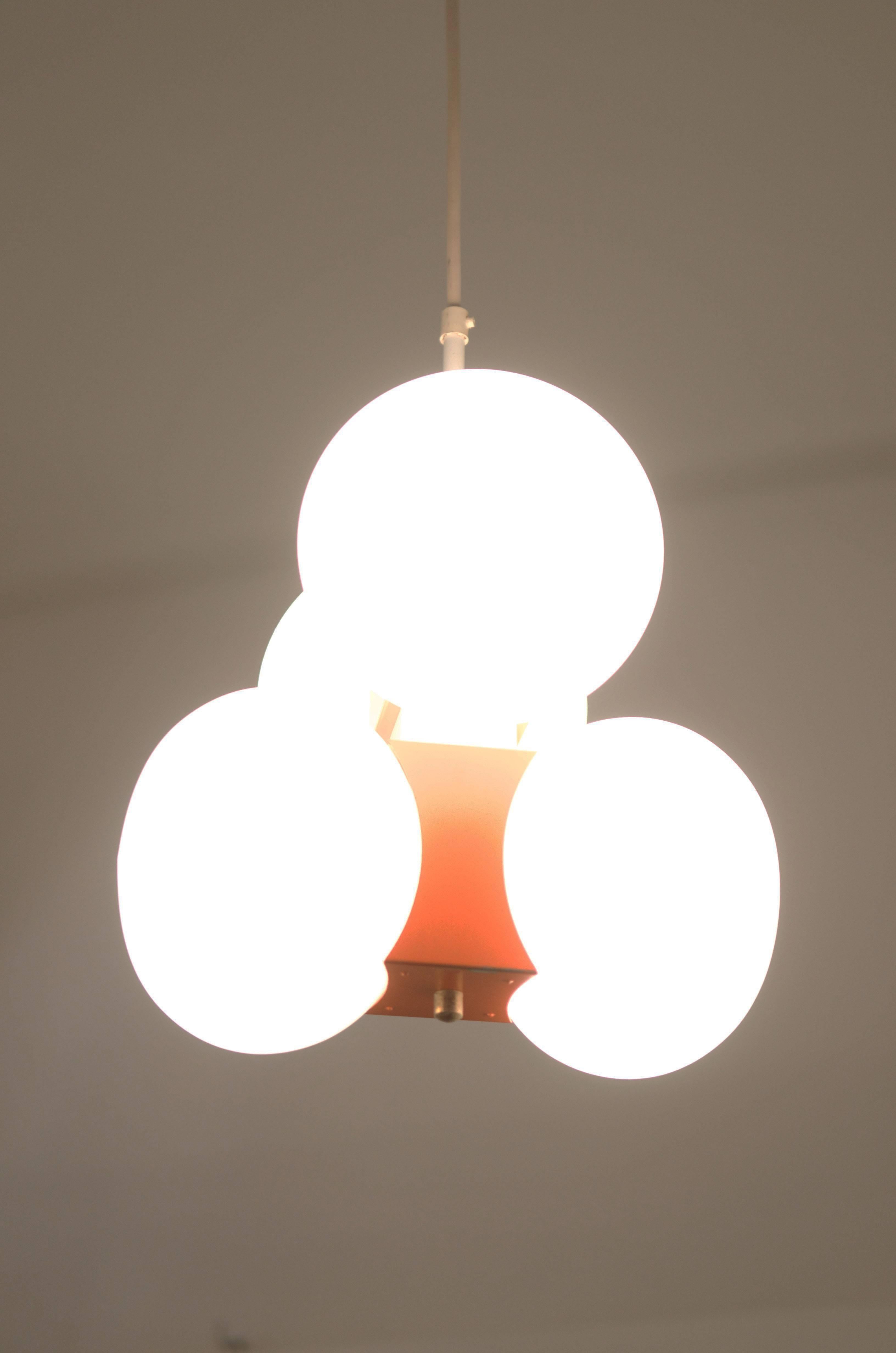Midcentury Chandelier with Four Satin Opal Glass Globes In Excellent Condition In Vienna, AT