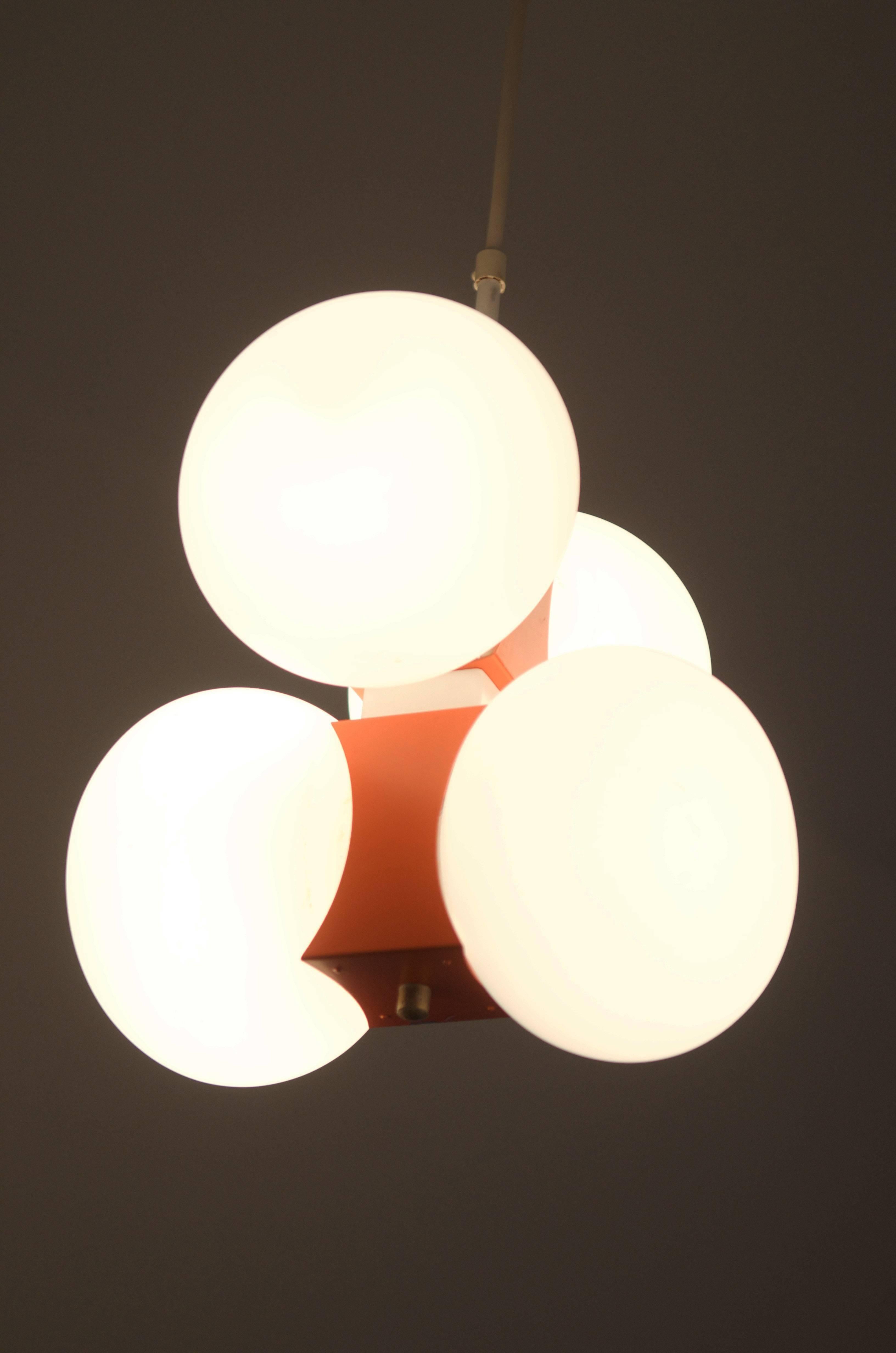 Mid-20th Century Midcentury Chandelier with Four Satin Opal Glass Globes