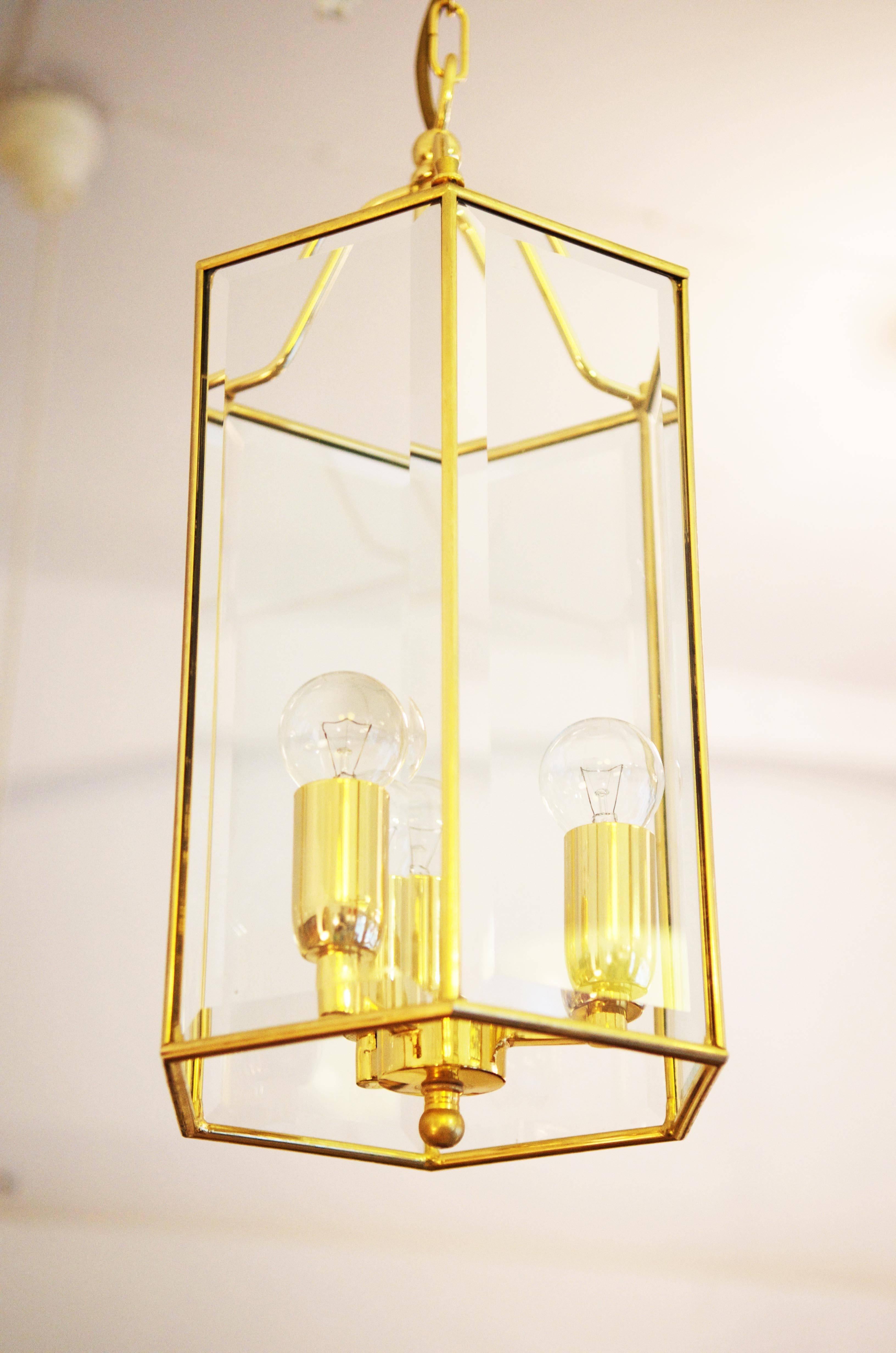 Brass frame gold-plated with six feceted glasses in the style of Adolf Loos from the 1970's. Dimention of the lamp only 8.26x8.26.15.74inch Total height 78.74inch