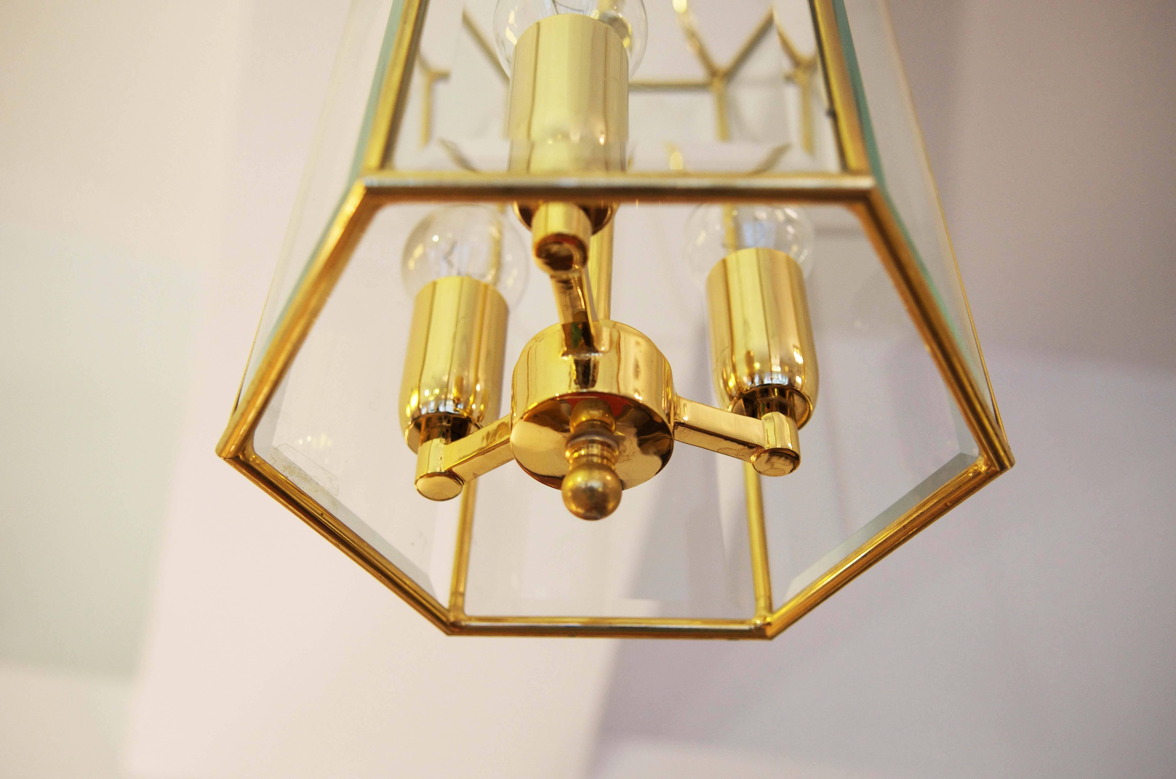Late 20th Century Brass Faceted Glass Pendant Lantern For Sale