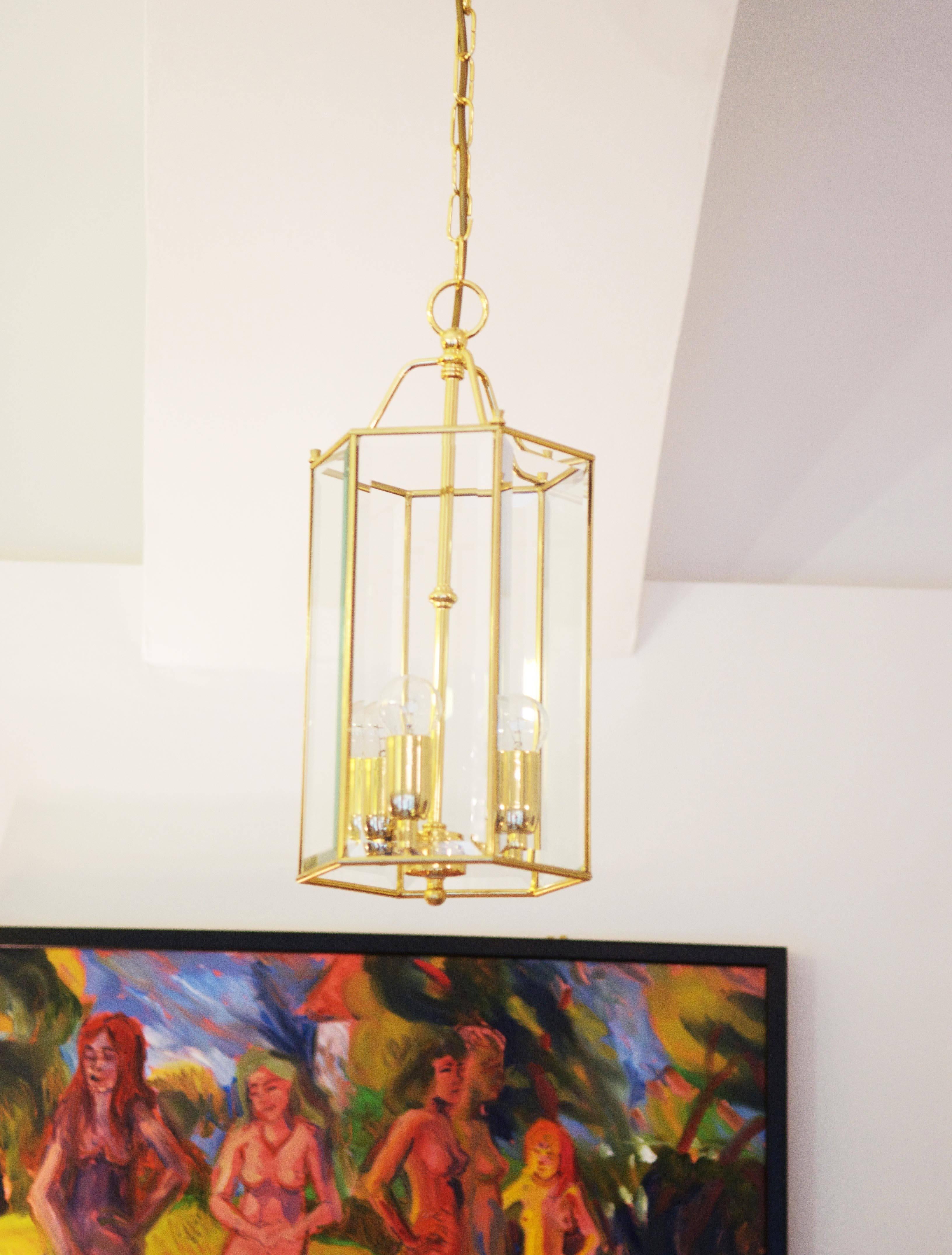 Brass Faceted Glass Pendant Lantern For Sale 3