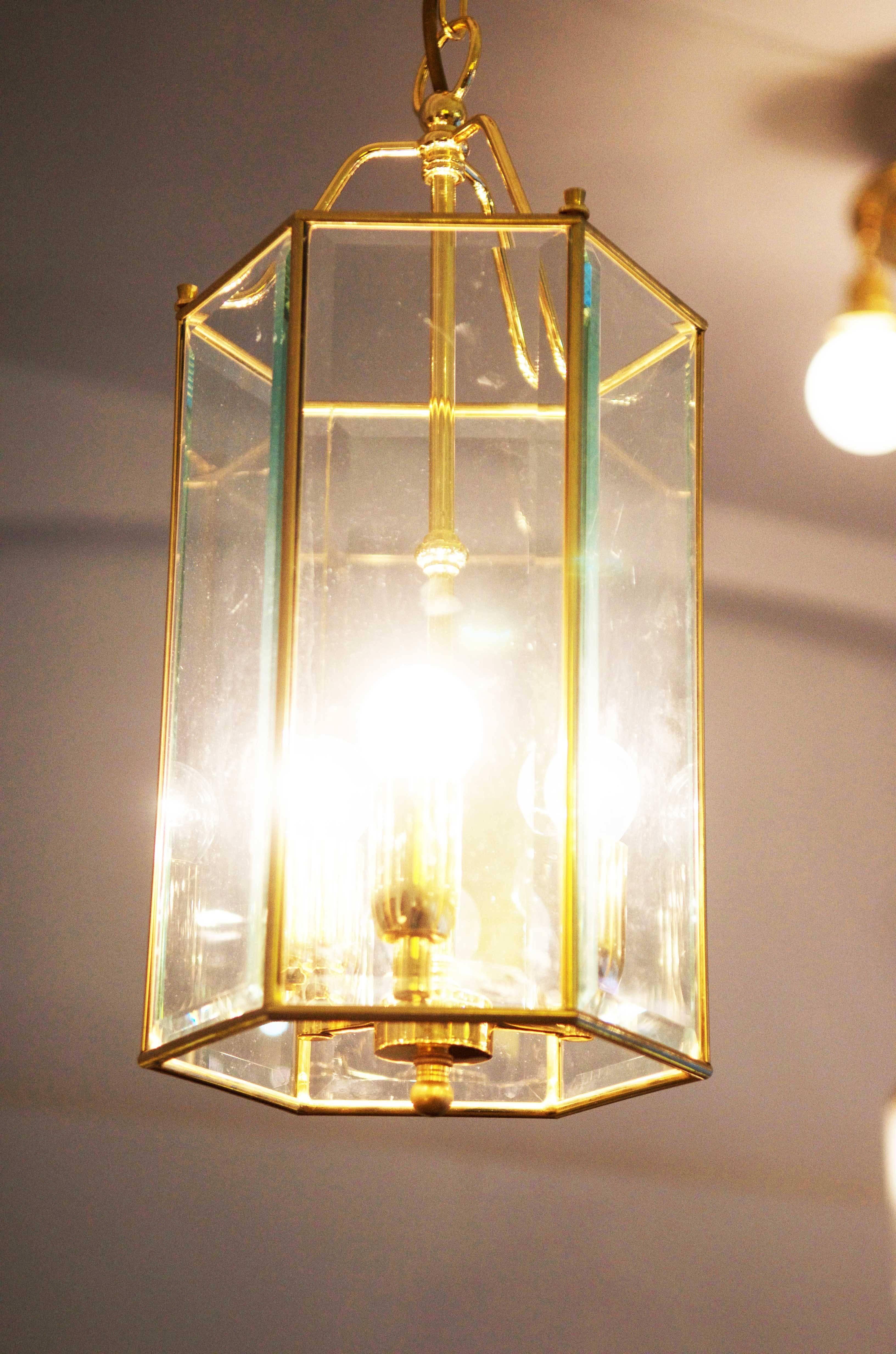 Brass Faceted Glass Pendant Lantern For Sale 4