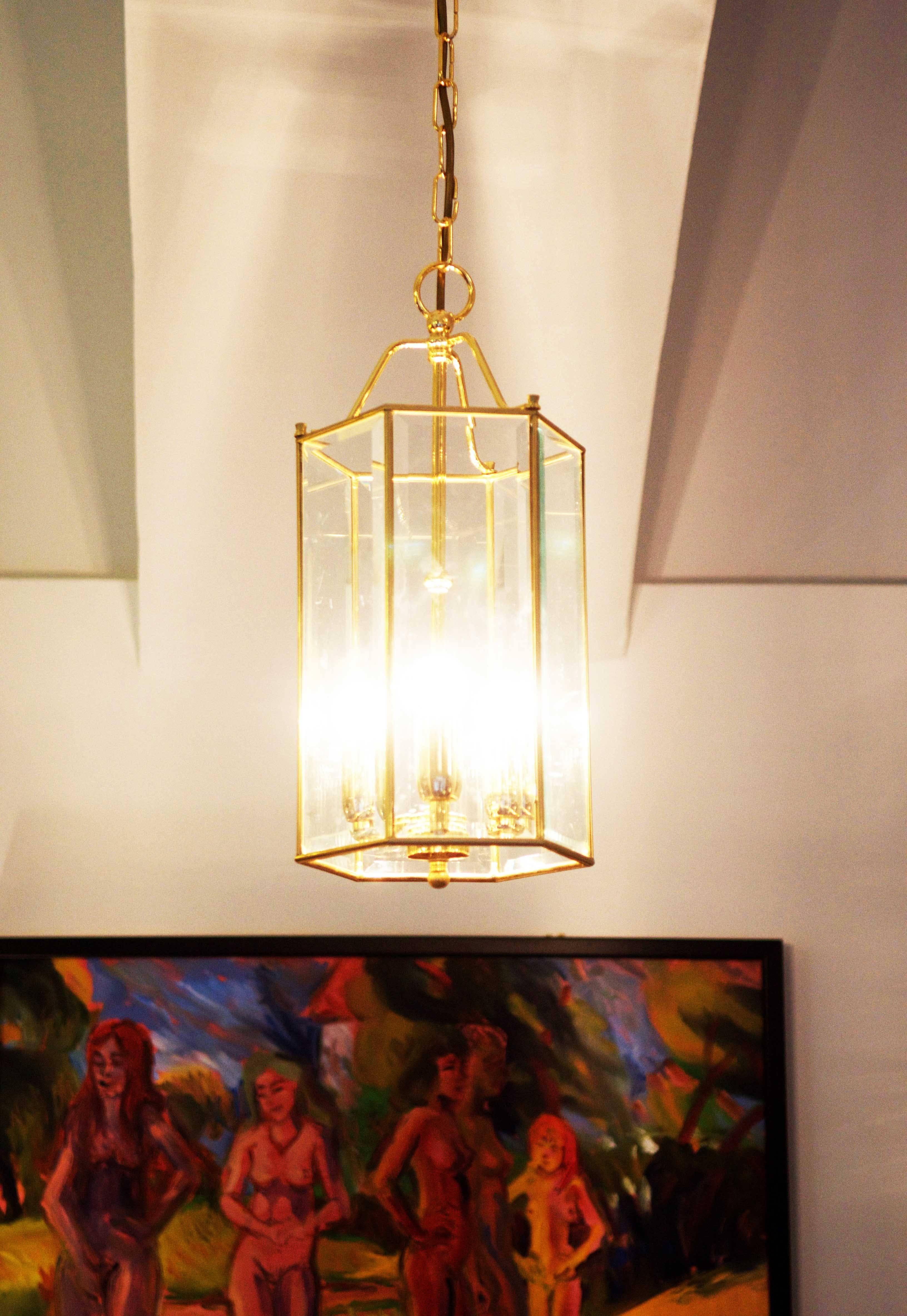 Austrian Brass Faceted Glass Pendant Lantern For Sale
